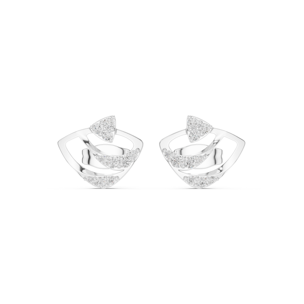 Fan petal diamond stud earrings with layered arc design and push back setting