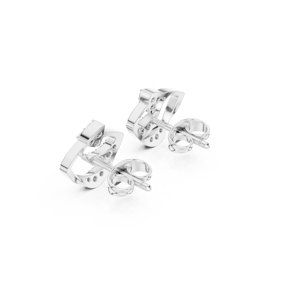 Fan petal diamond stud earrings with layered arc design and push back setting