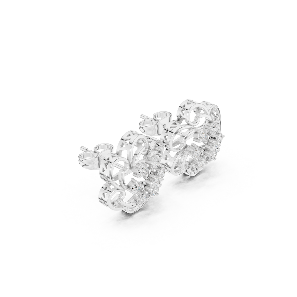 Filigree floral stud earrings with intricate scrollwork and open lattice design