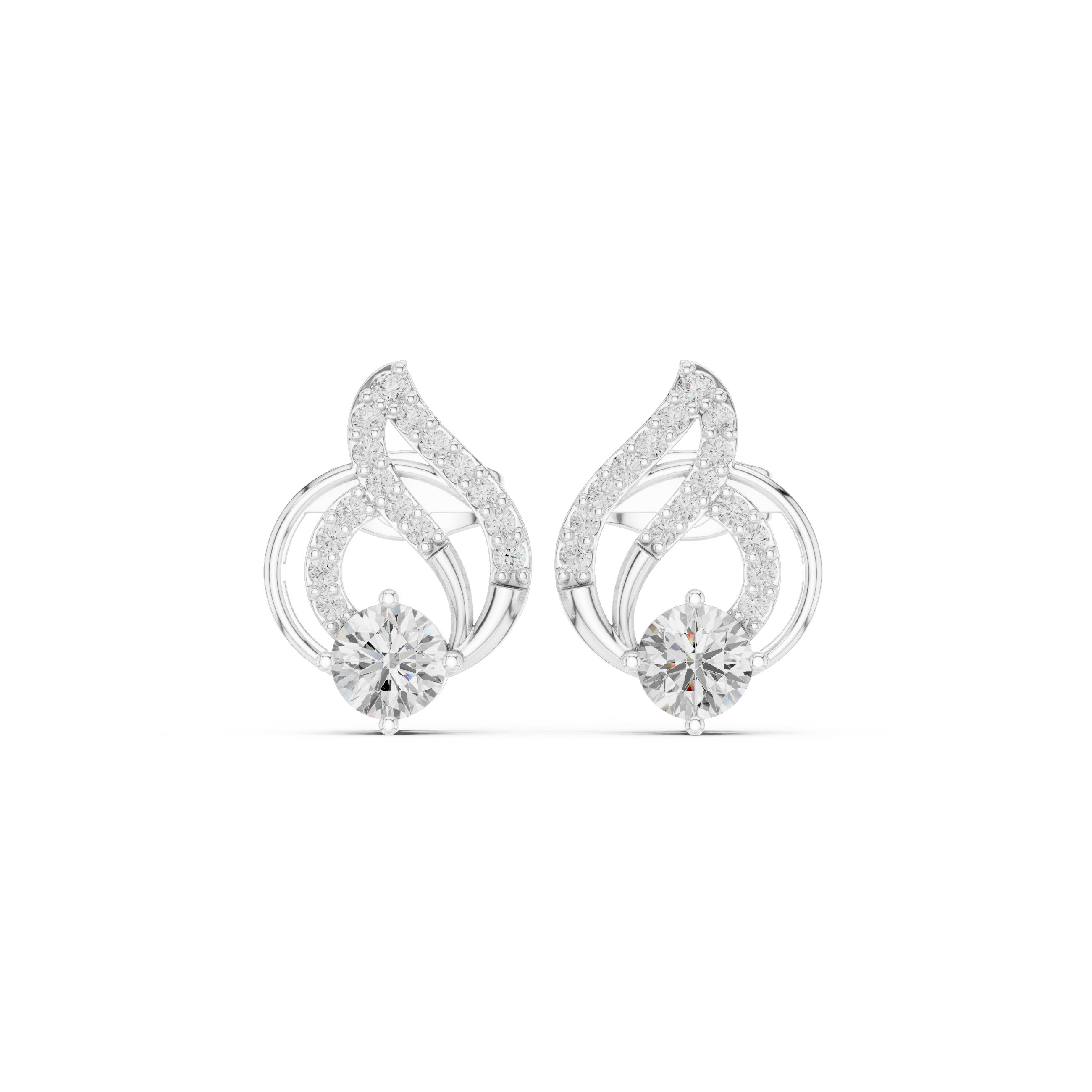 Stone-set flame swirl top with an open circle frame and round brilliant solitaire below