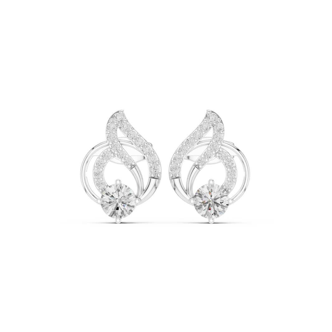 Stone-set flame swirl top with an open circle frame and round brilliant solitaire below