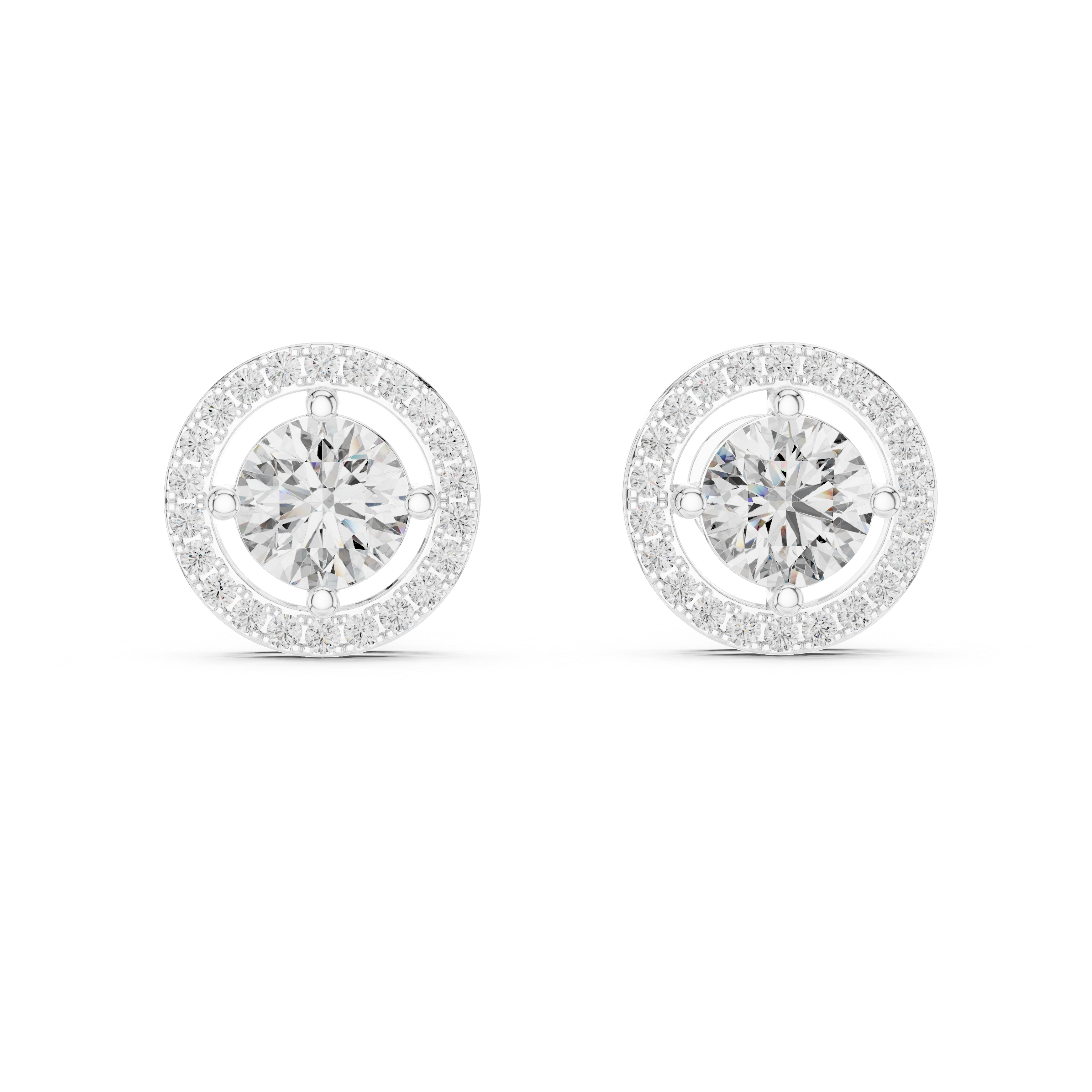 Round brilliant solitaire stud earrings suspended within an open circle and a stone-set outer halo border
