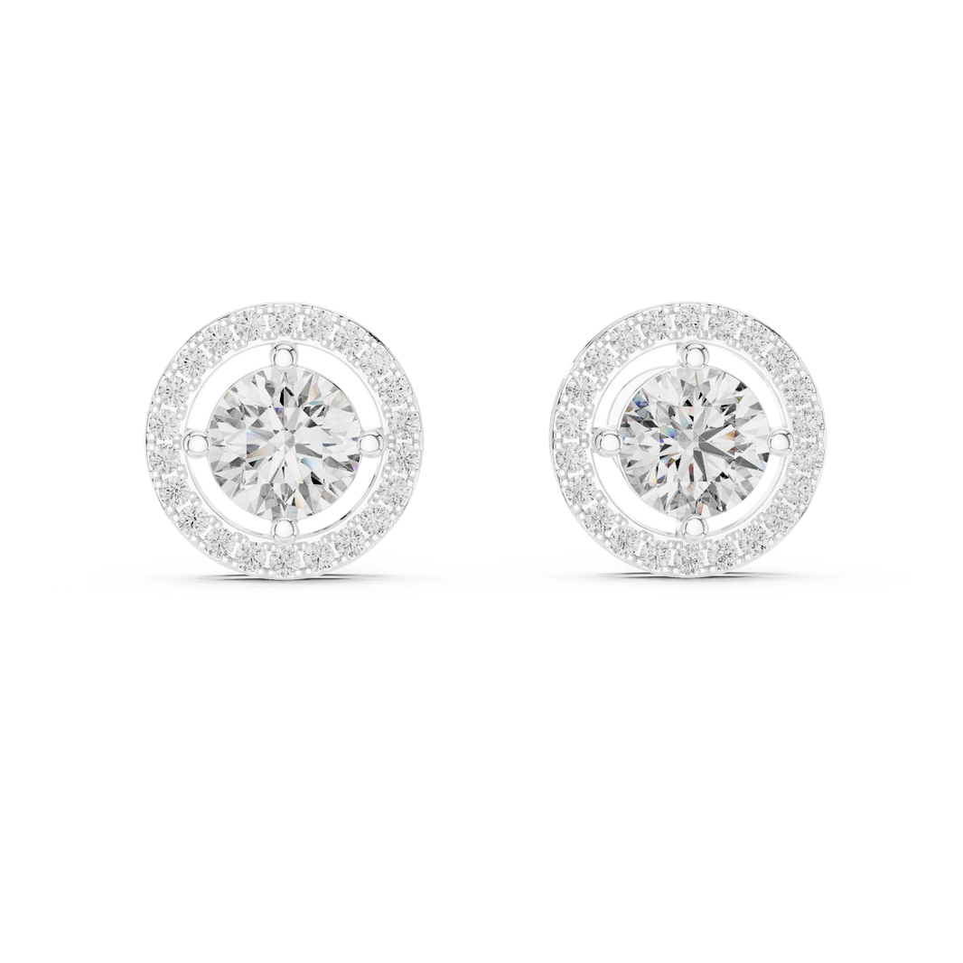 Round brilliant solitaire stud earrings suspended within an open circle and a stone-set outer halo border