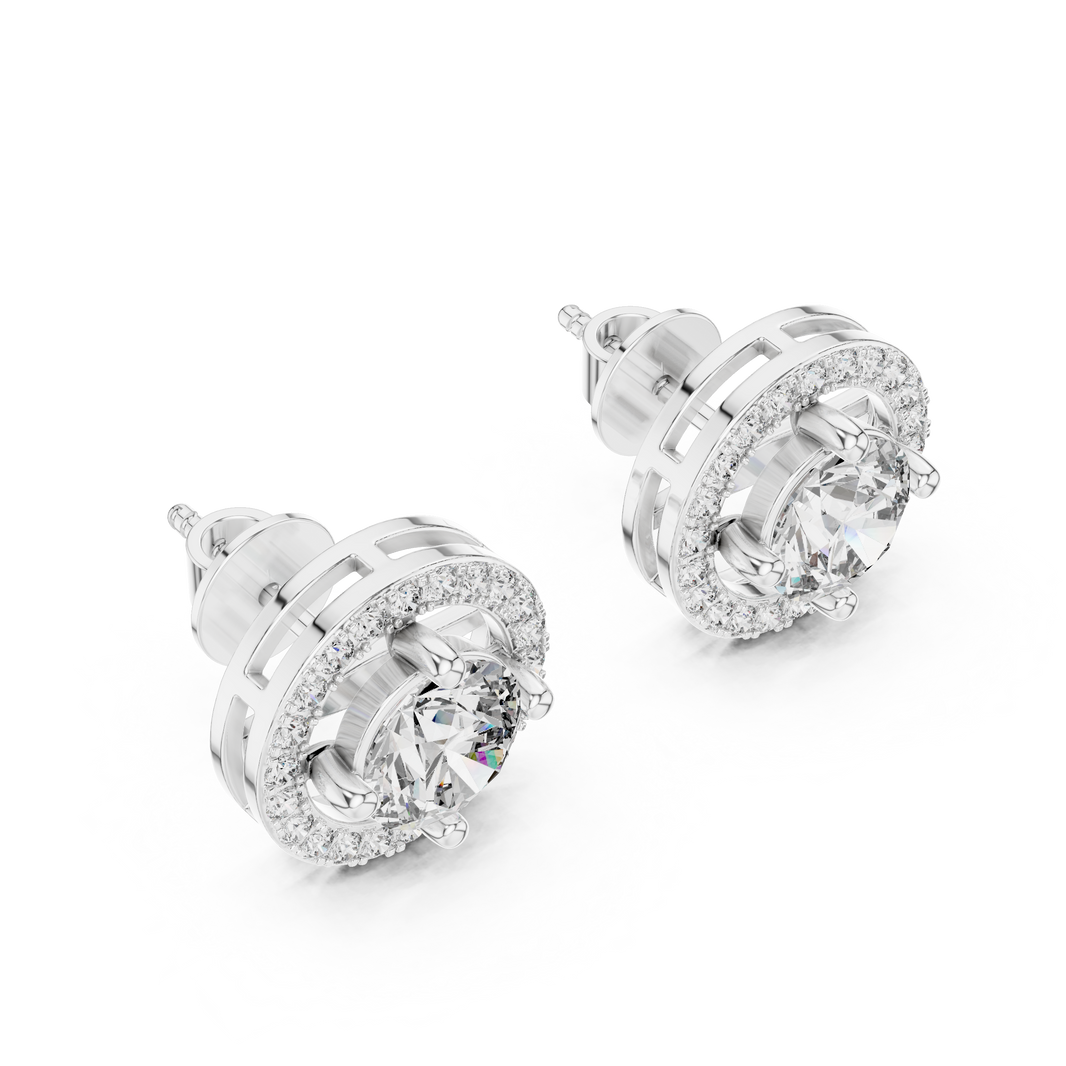 Round brilliant solitaire stud earrings suspended within an open circle and a stone-set outer halo border