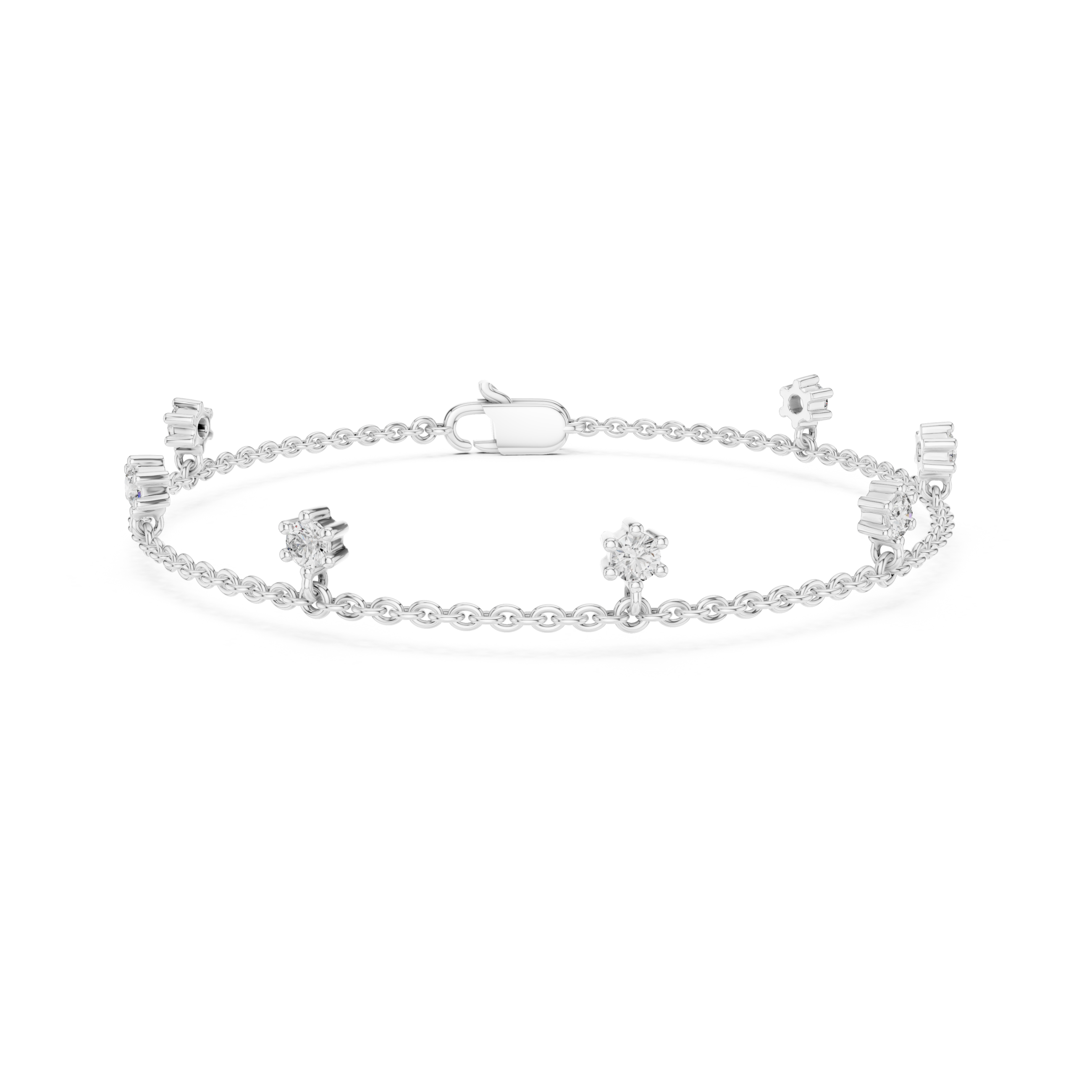 Floating station charm bracelet with prong set round stone station detailing