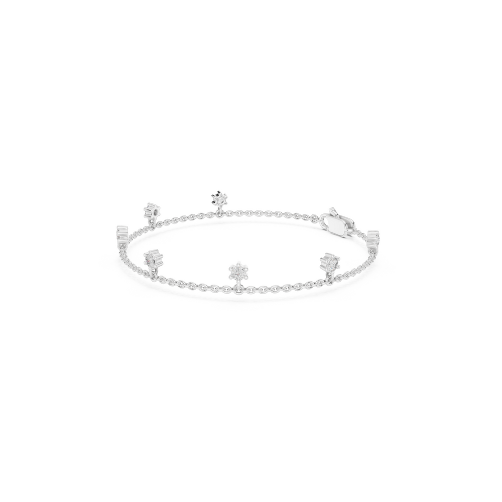 Floating station charm bracelet with prong set round stone station detailing