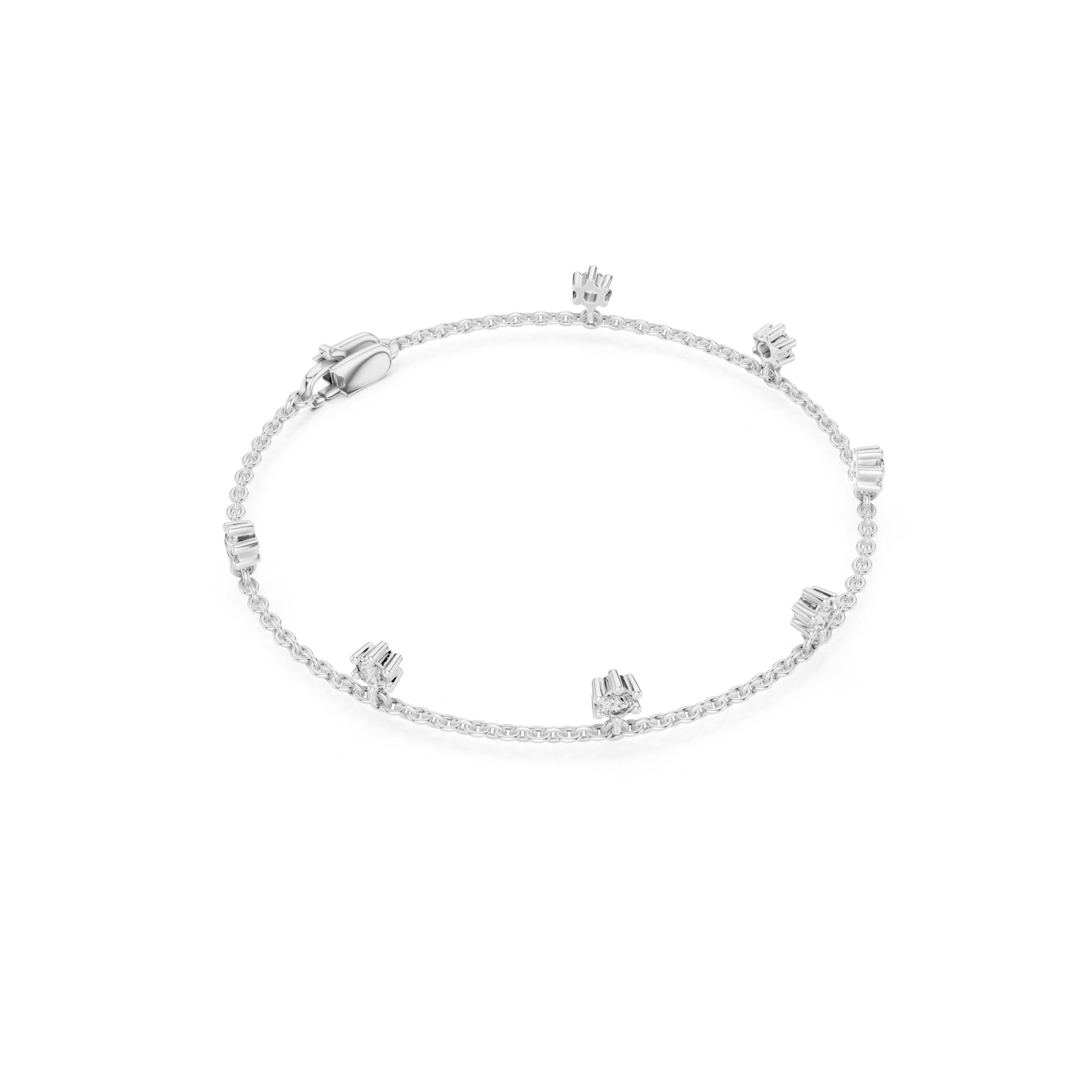 Floating station charm bracelet with prong set round stone station detailing
