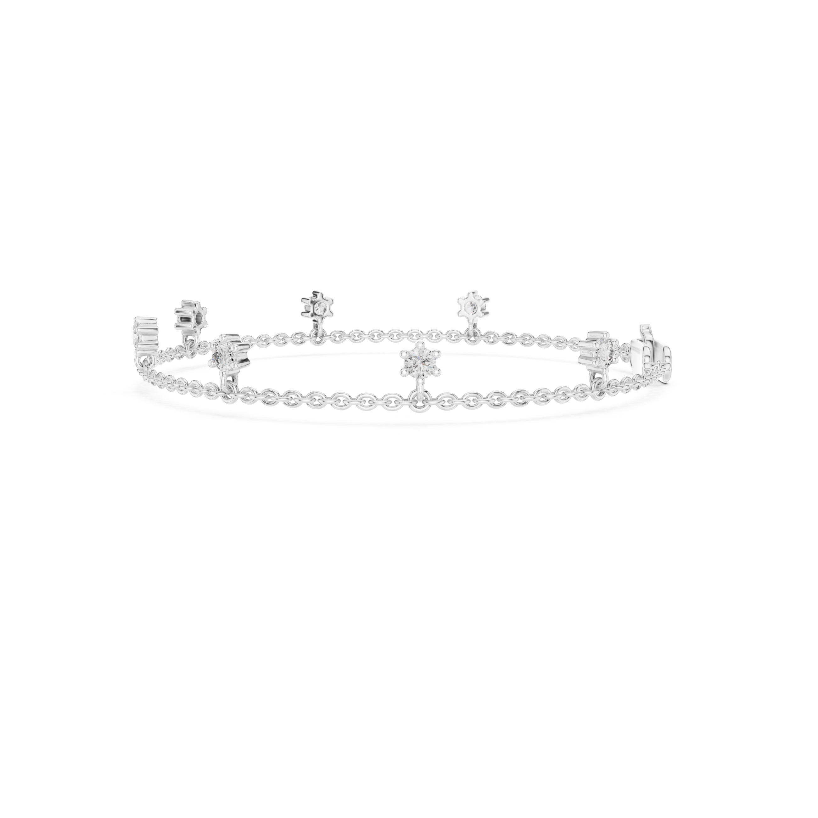 Floating station charm bracelet with prong set round stone station detailing