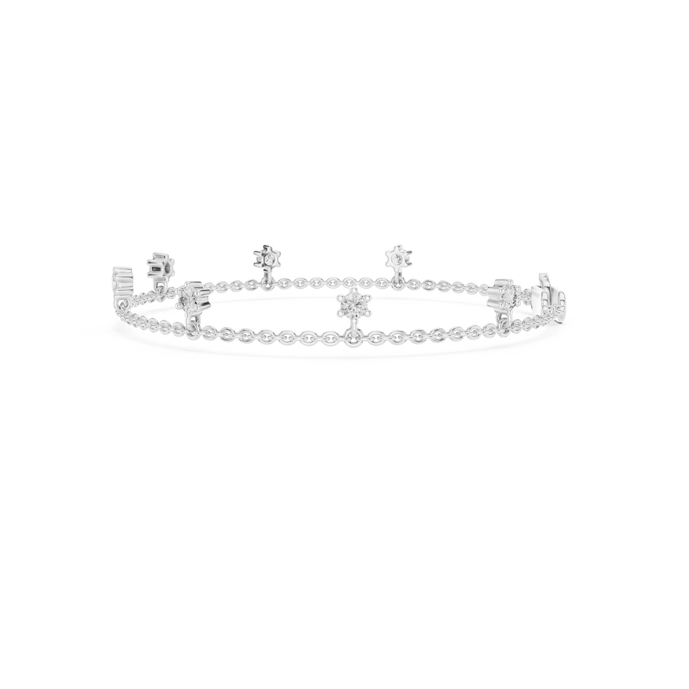 Floating station charm bracelet with prong set round stone station detailing