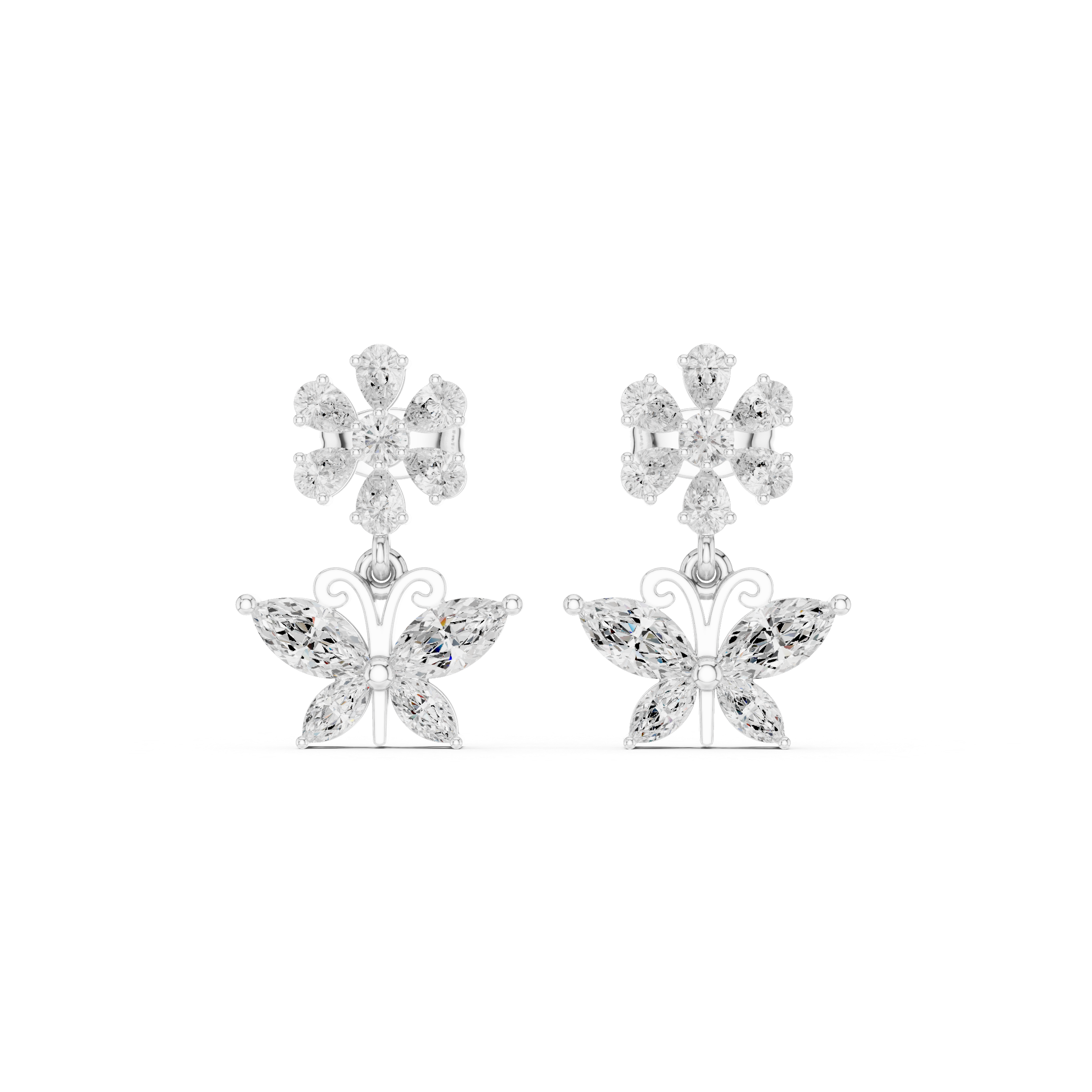Pear stone flower cluster stud with a dangling marquise stone butterfly drop below