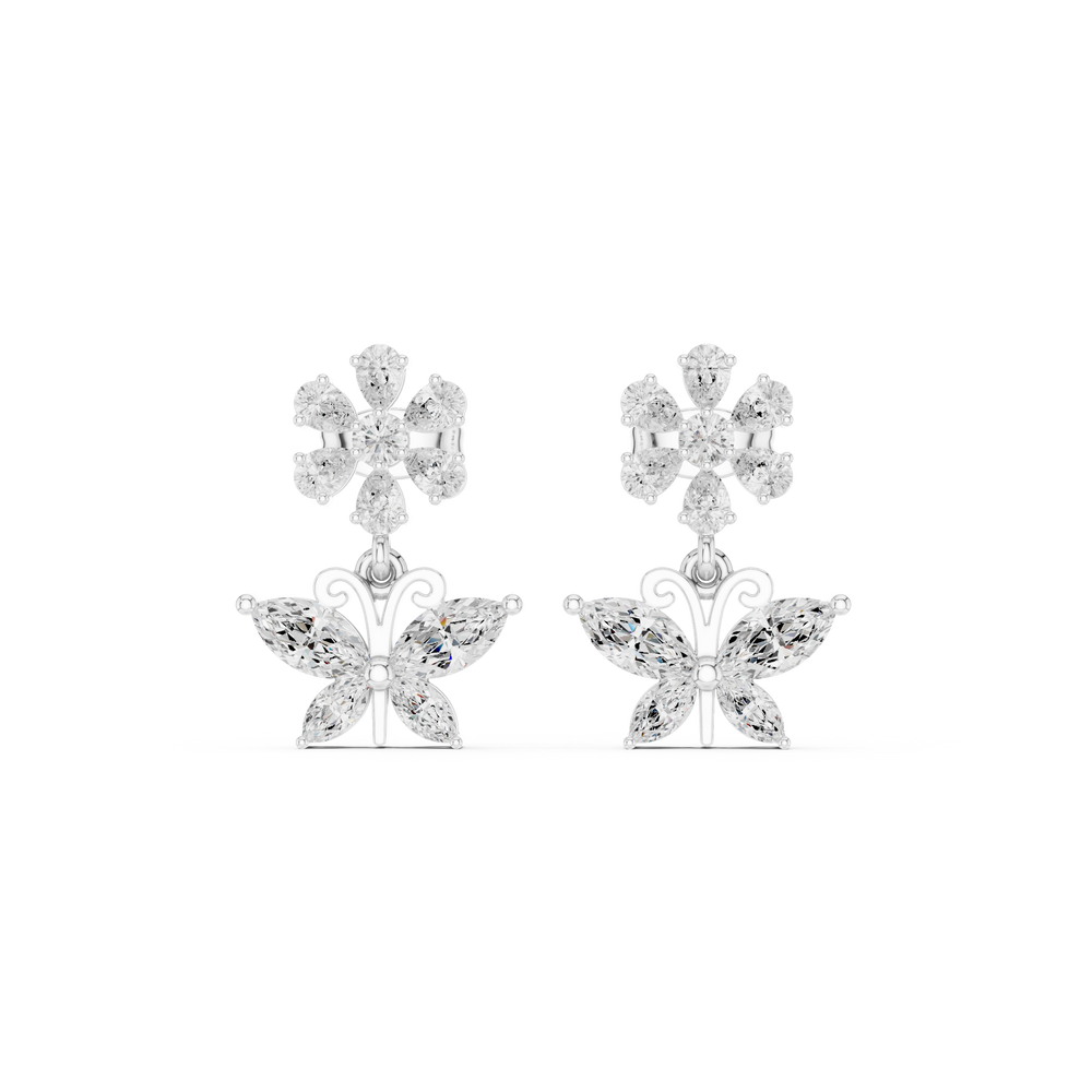 Pear stone flower cluster stud with a dangling marquise stone butterfly drop below