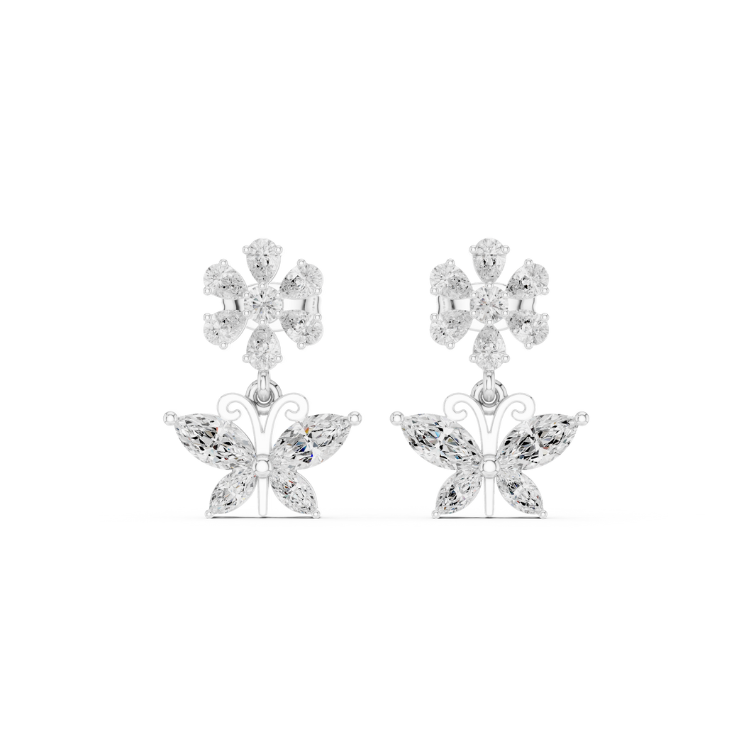 Pear stone flower cluster stud with a dangling marquise stone butterfly drop below