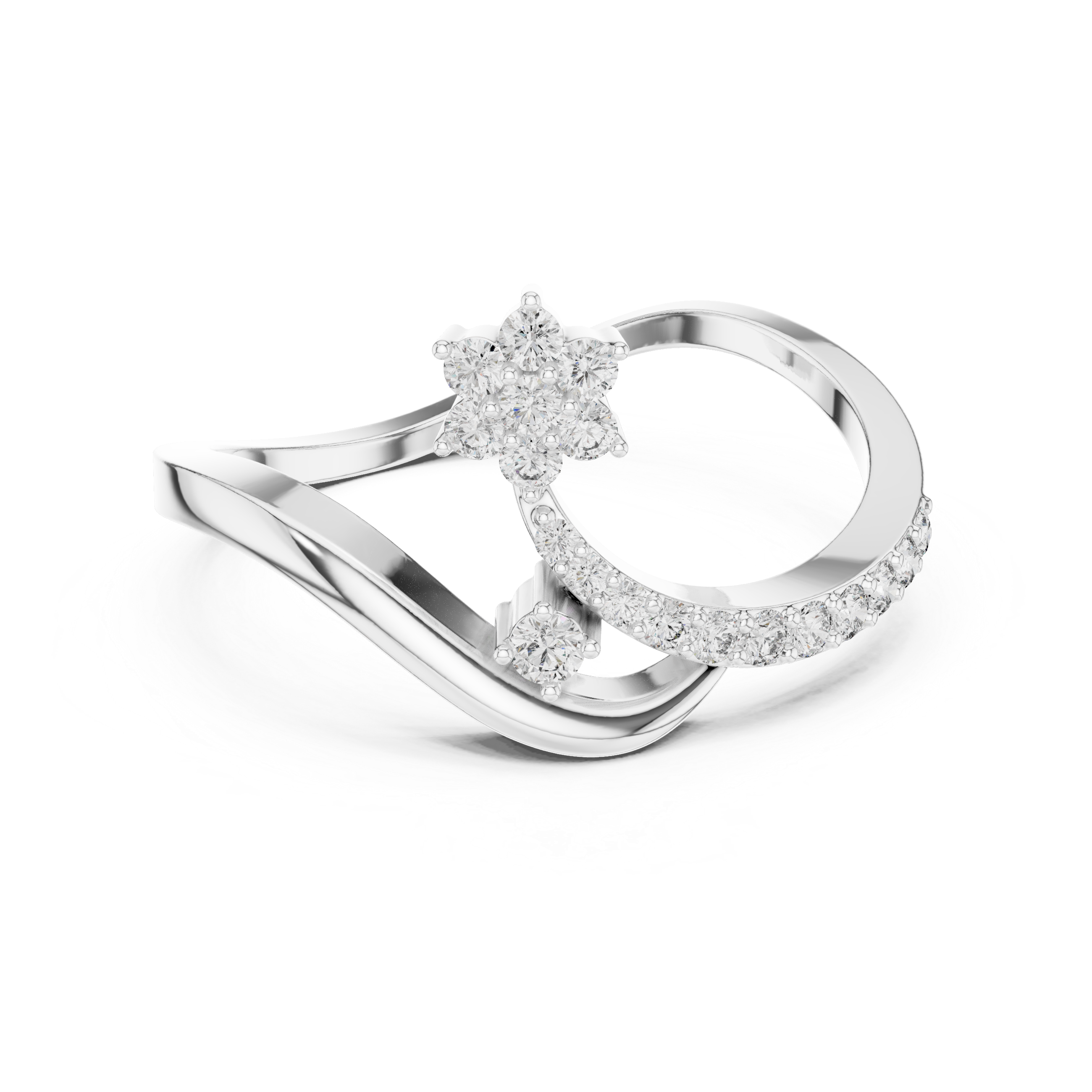 Floral cluster bypass ring with open loop frame and curved wave band