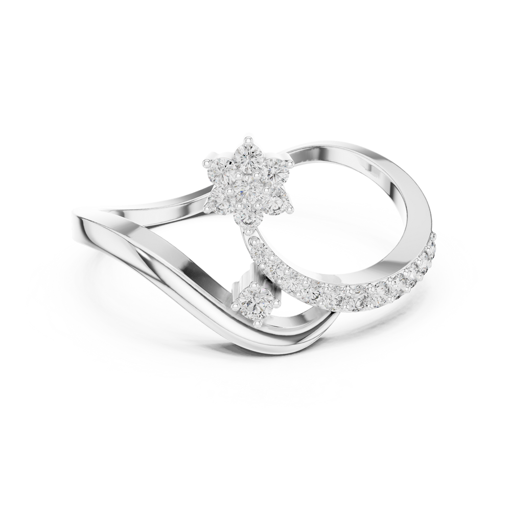 Floral cluster bypass ring with open loop frame and curved wave band