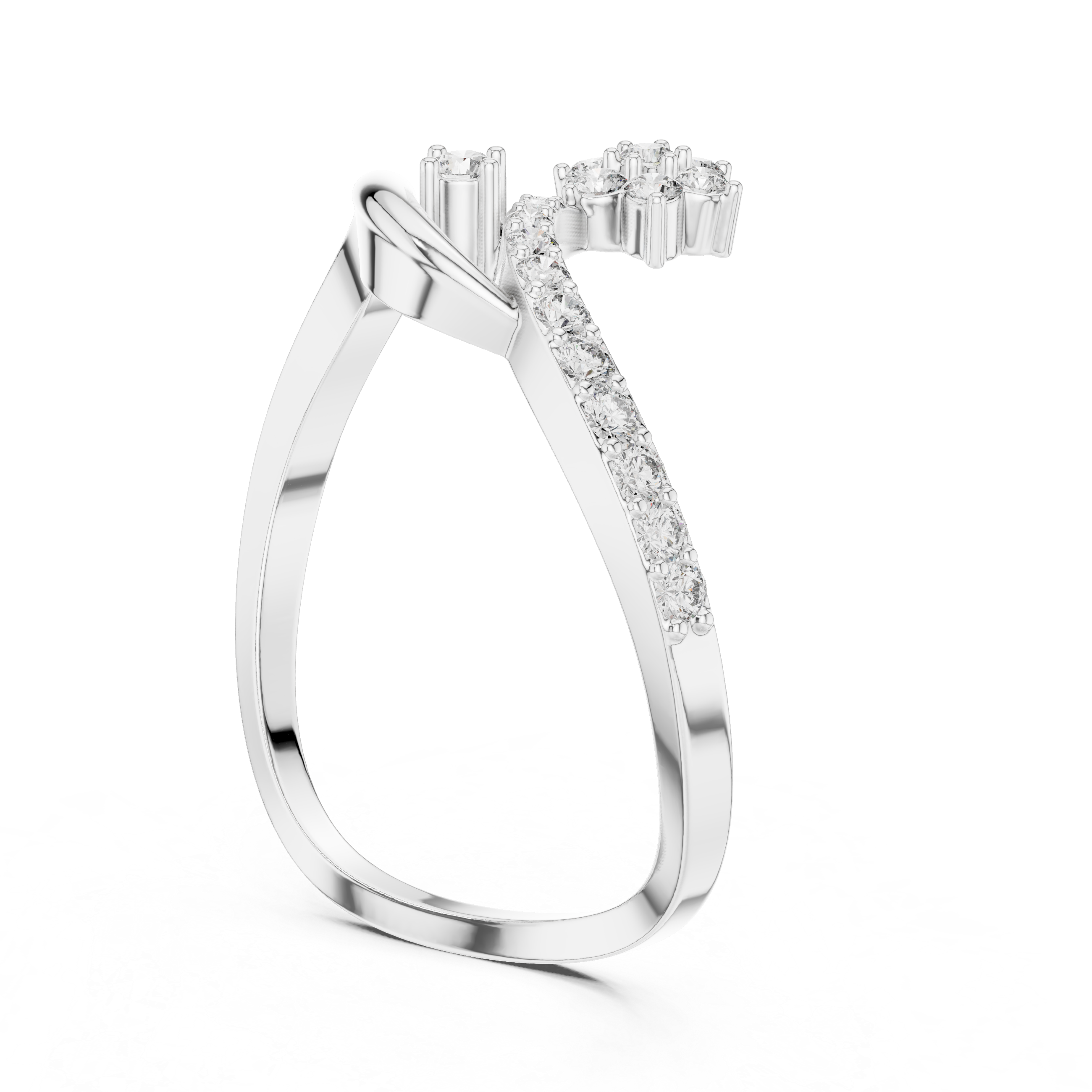 Floral cluster bypass ring with open loop frame and curved wave band