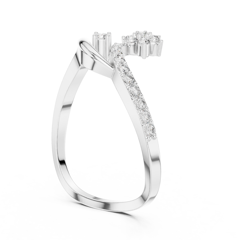 Floral cluster bypass ring with open loop frame and curved wave band