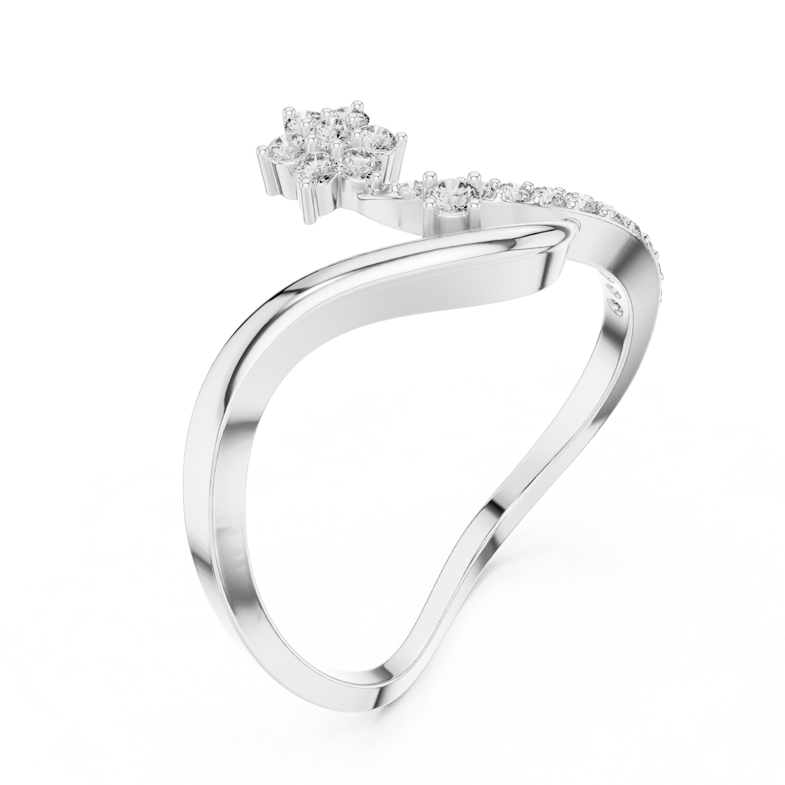 Floral cluster bypass ring with open loop frame and curved wave band