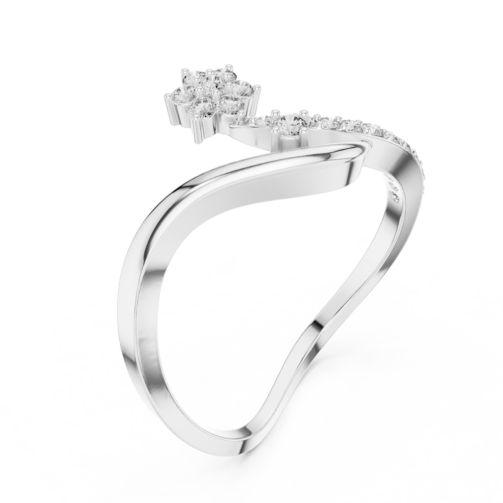 Floral cluster bypass ring with open loop frame and curved wave band