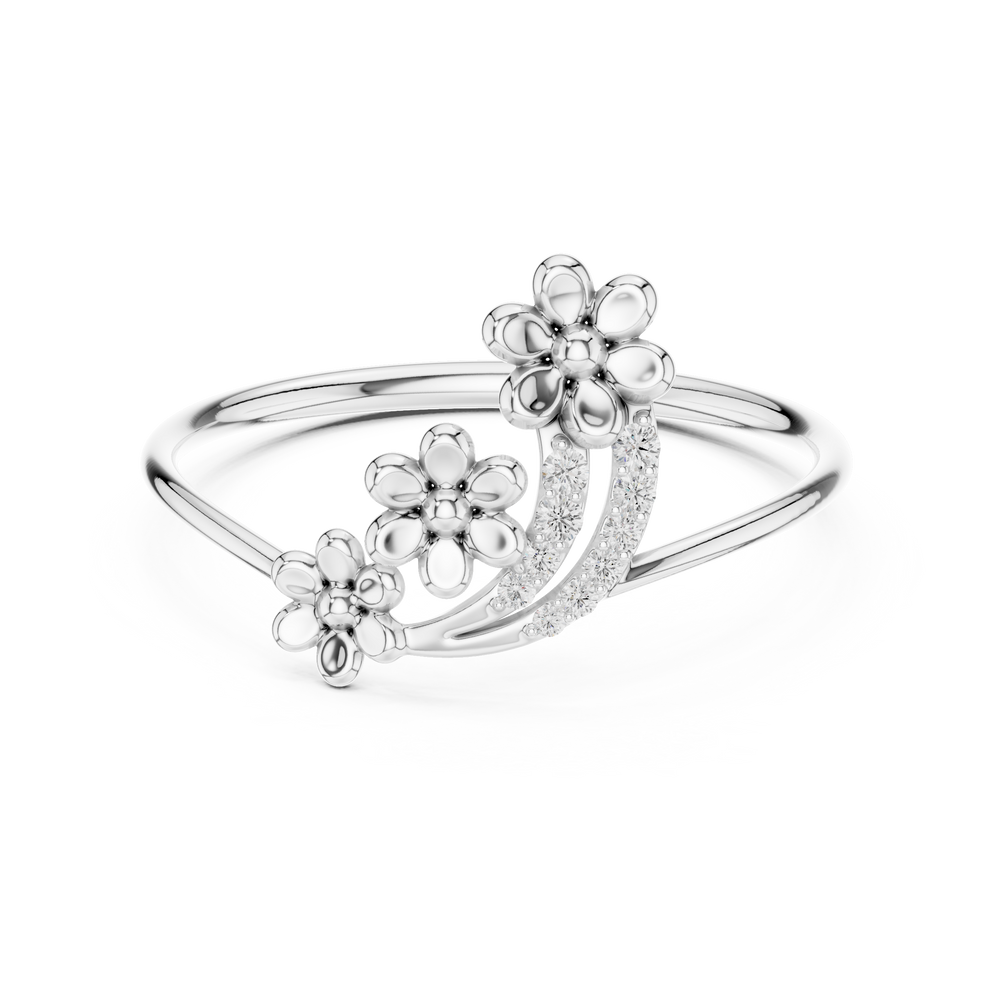 Ladies silver floral cluster ring with three flower motifs and diamond-studded arc