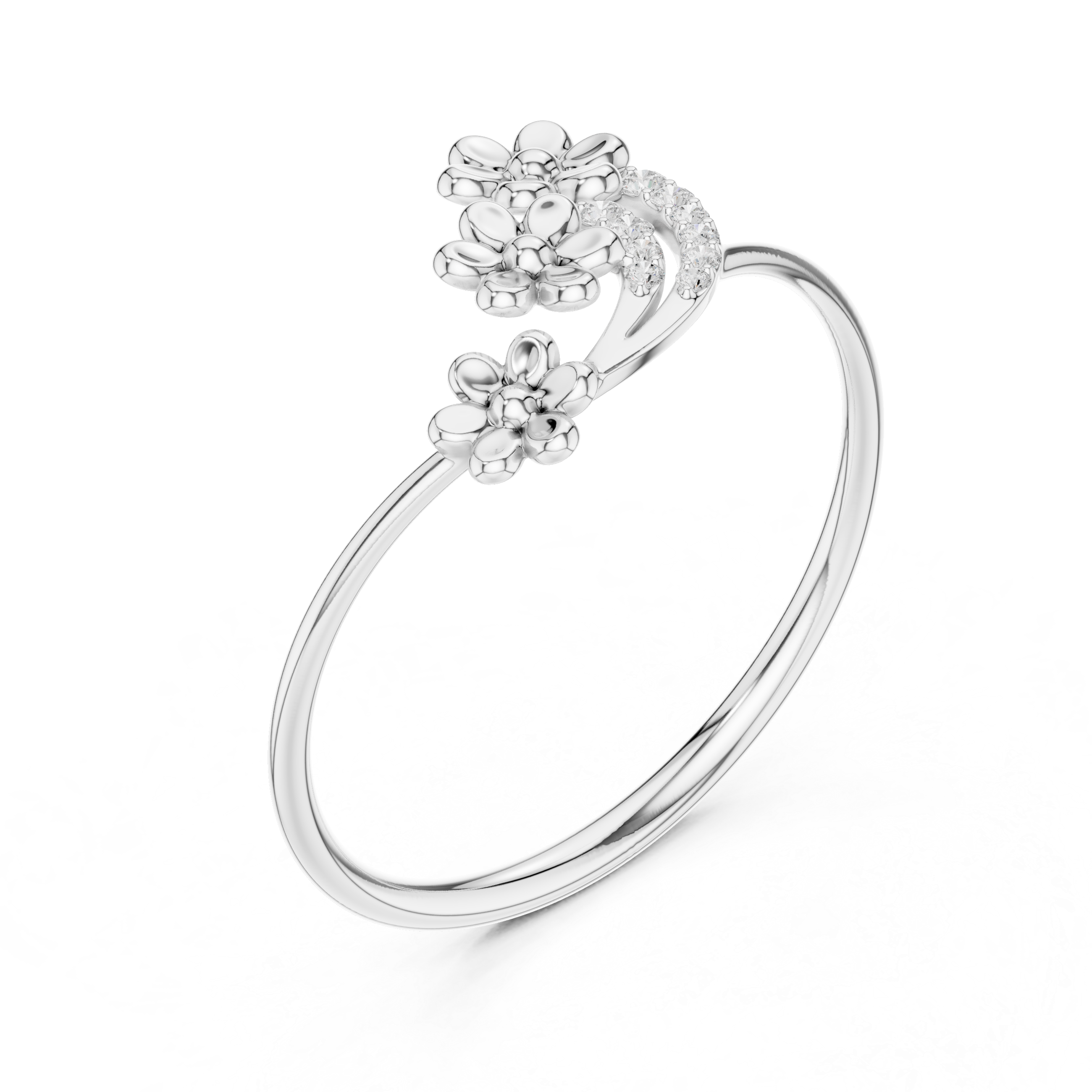 Ladies silver floral cluster ring with three flower motifs and diamond-studded arc