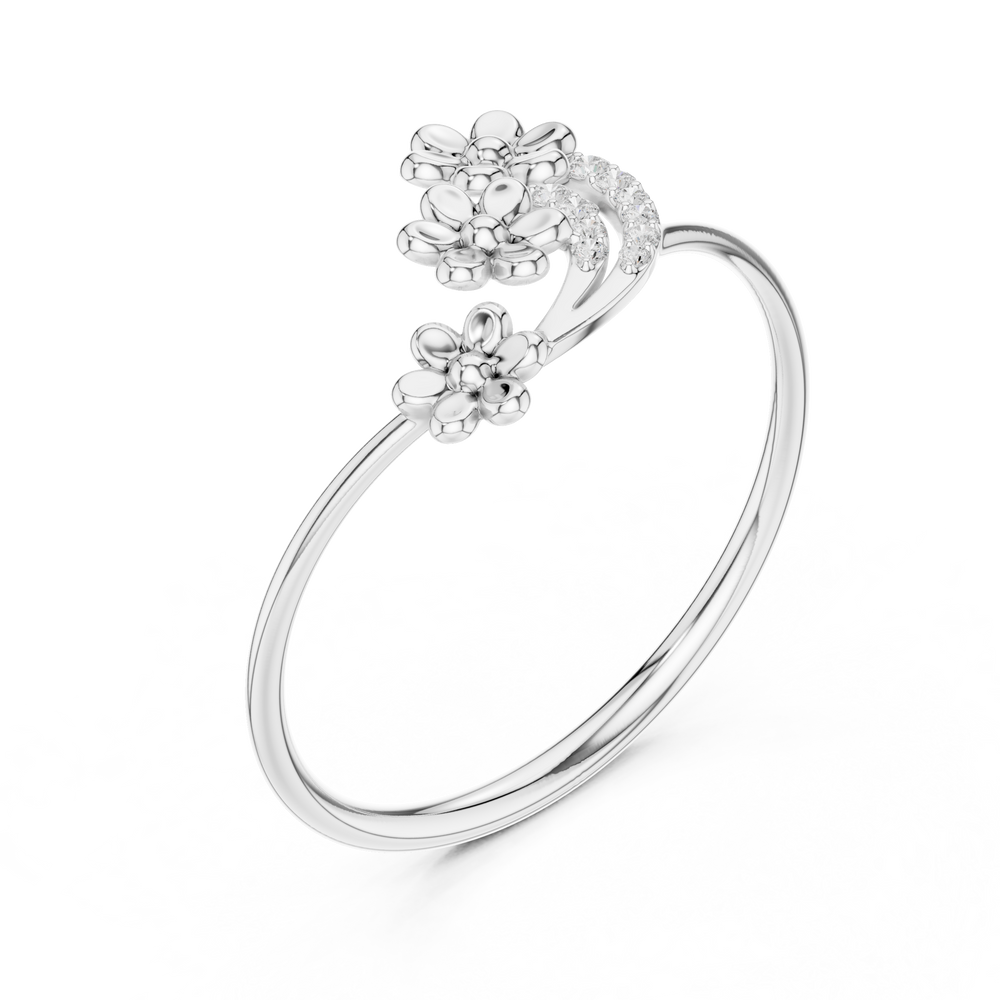 Ladies silver floral cluster ring with three flower motifs and diamond-studded arc