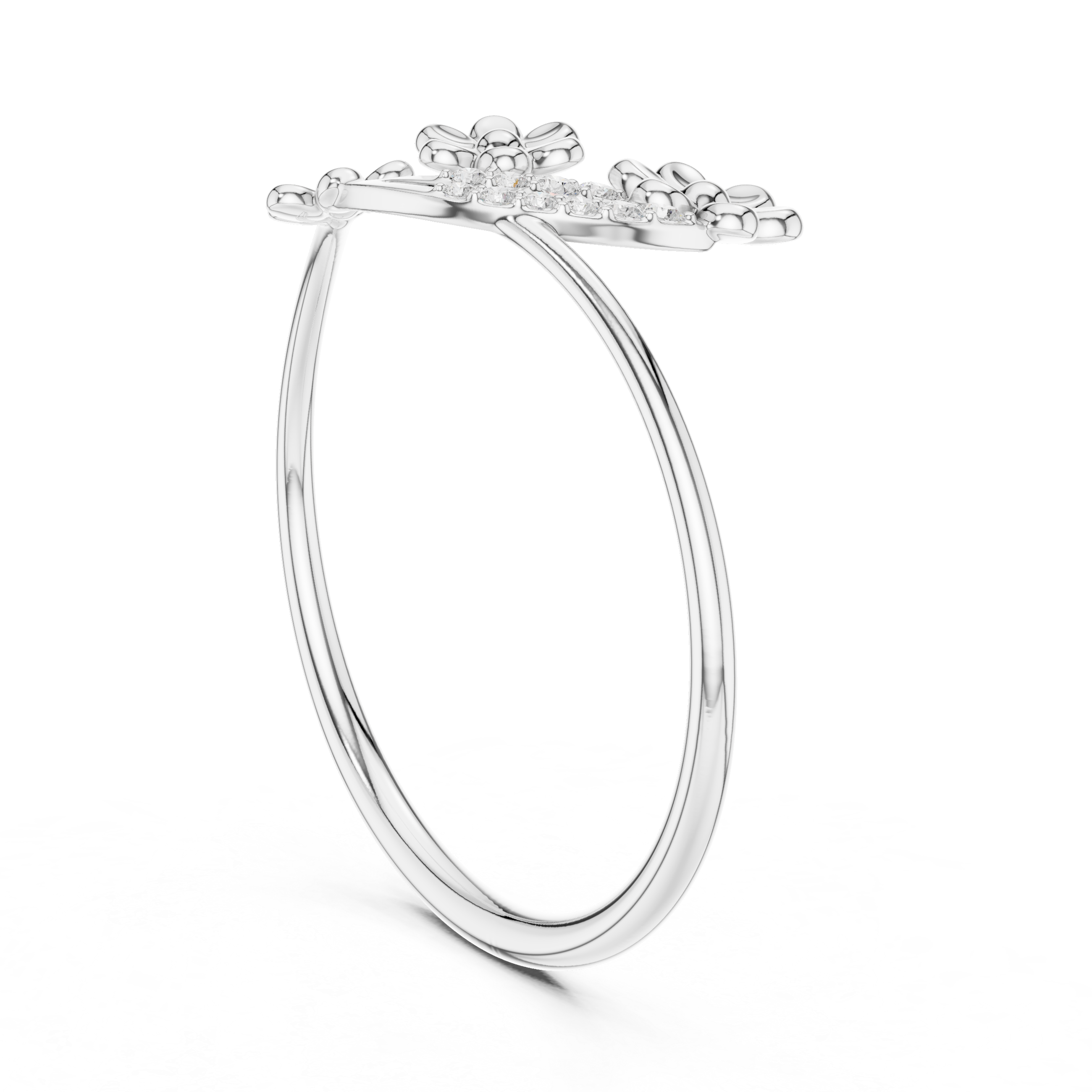 Ladies silver floral cluster ring with three flower motifs and diamond-studded arc