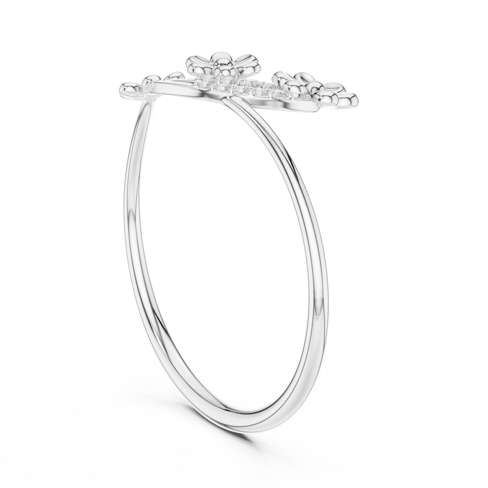 Ladies silver floral cluster ring with three flower motifs and diamond-studded arc