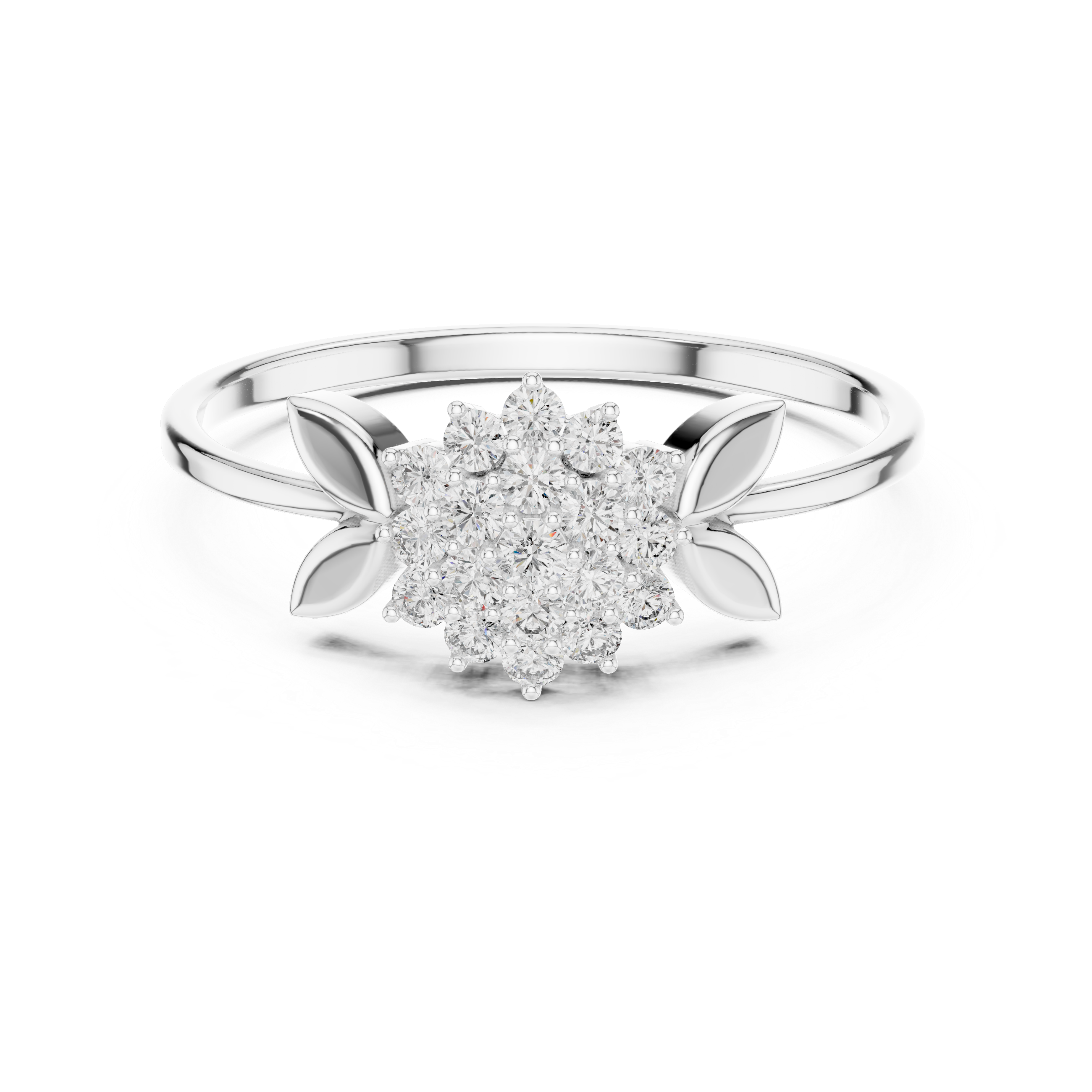 Floral cluster ring with marquise leaf shoulders and plain polished band