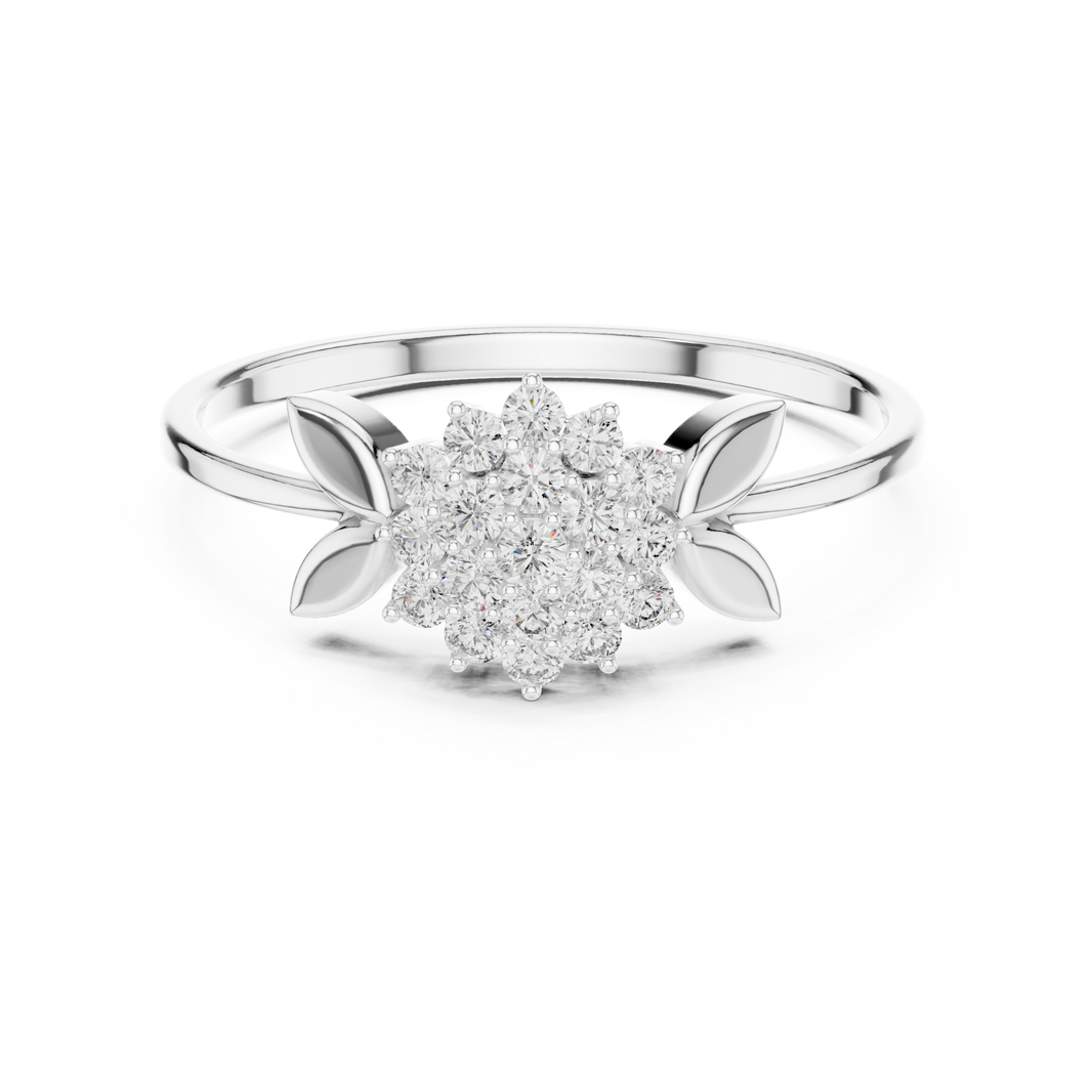 Floral cluster ring with marquise leaf shoulders and plain polished band