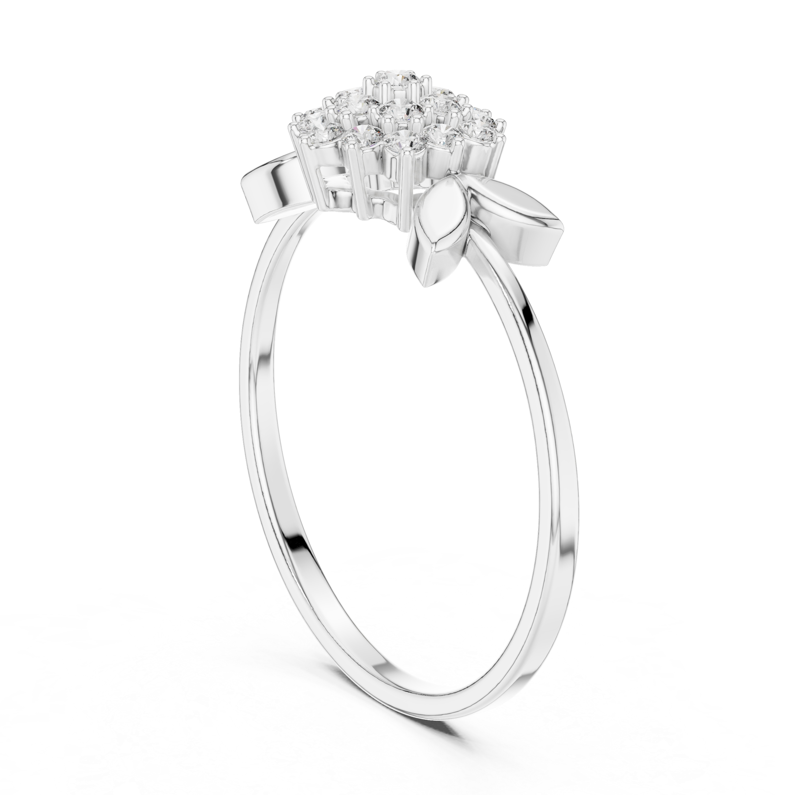 Floral cluster ring with marquise leaf shoulders and plain polished band