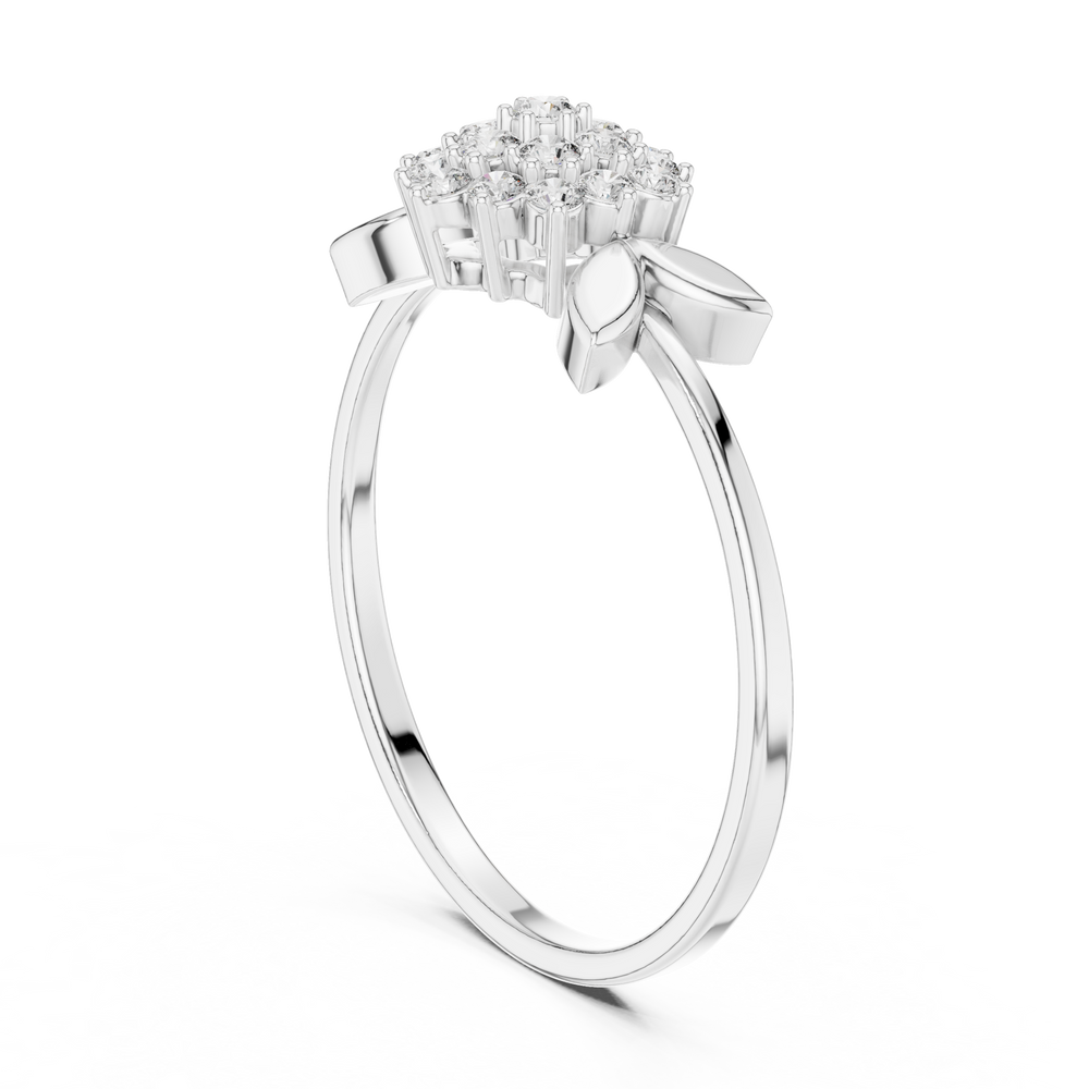 Floral cluster ring with marquise leaf shoulders and plain polished band