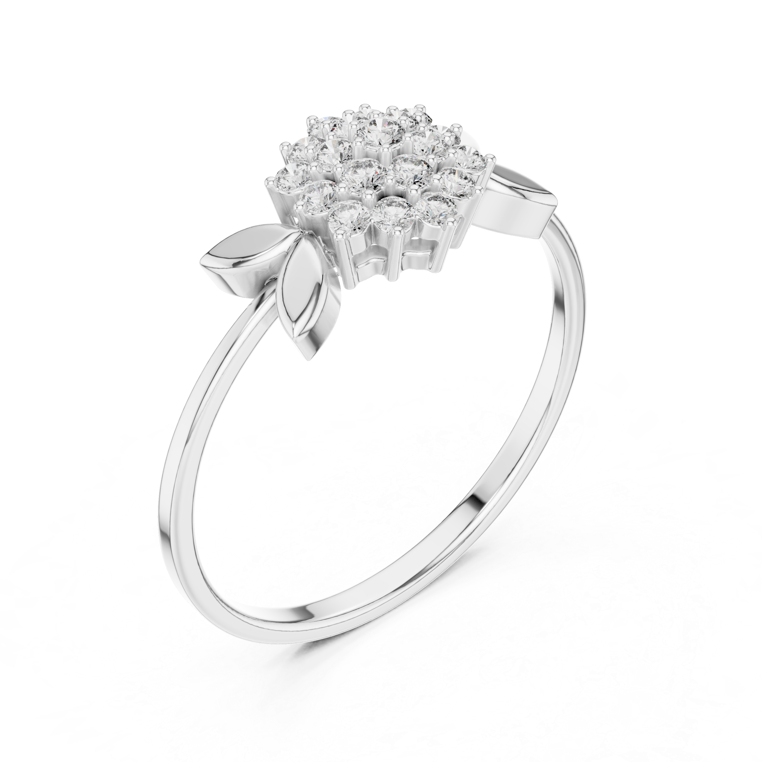 Floral cluster ring with marquise leaf shoulders and plain polished band