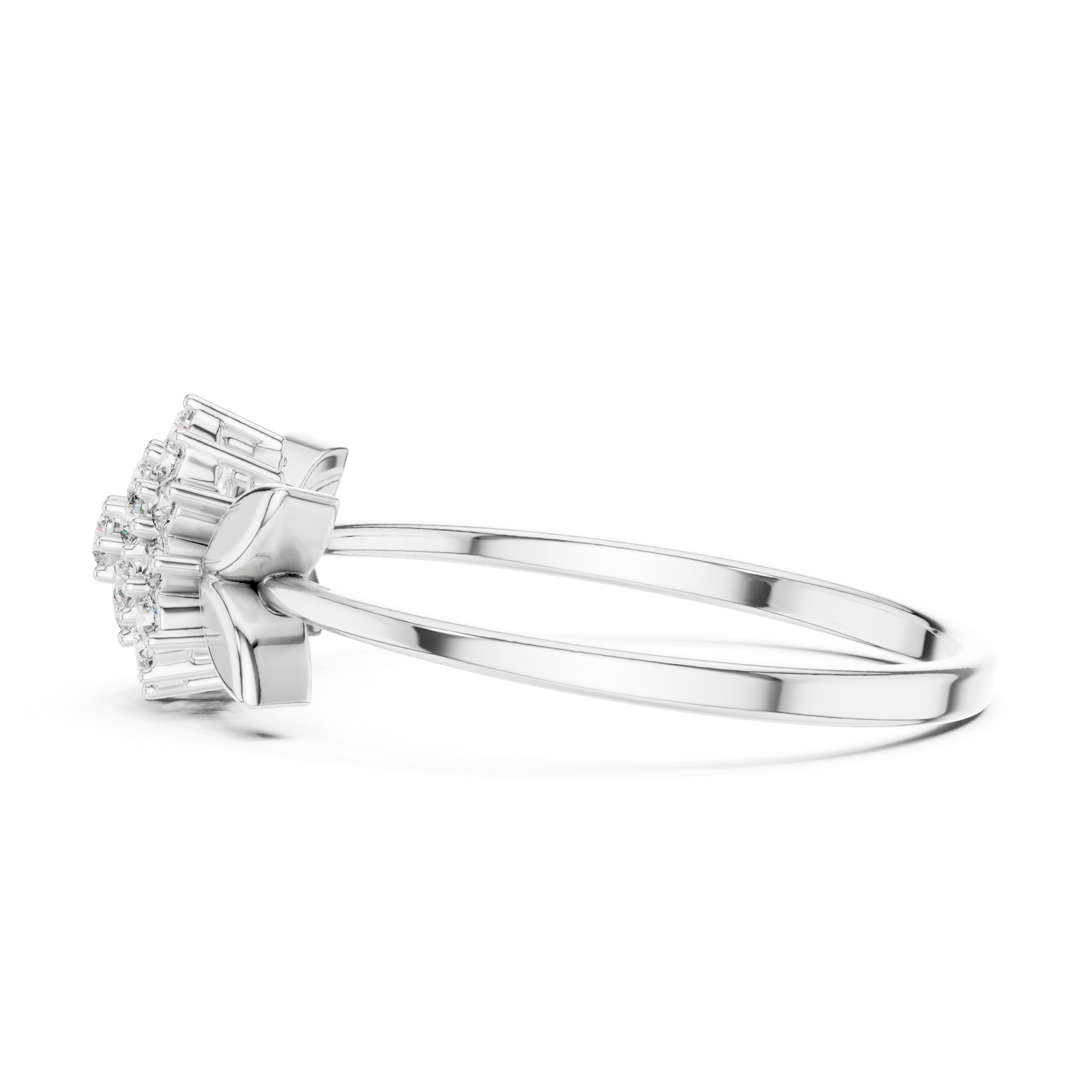 Floral cluster ring with marquise leaf shoulders and plain polished band