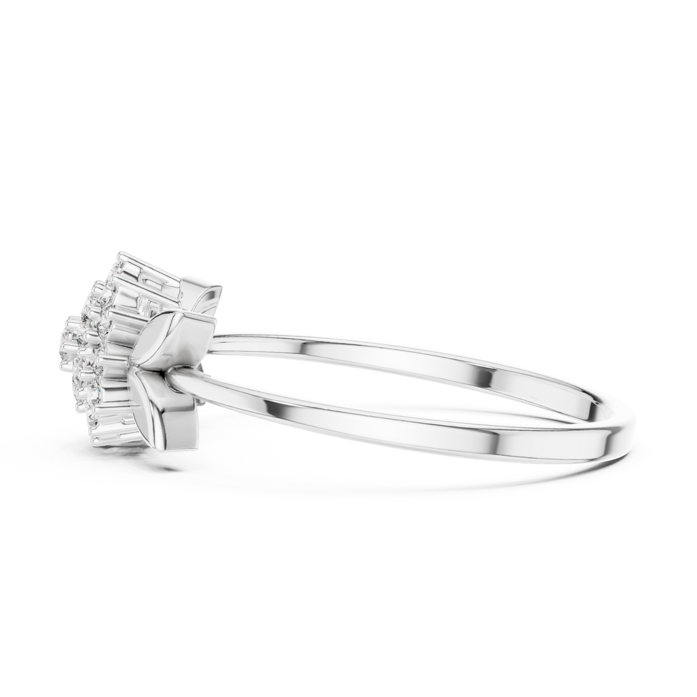 Floral cluster ring with marquise leaf shoulders and plain polished band