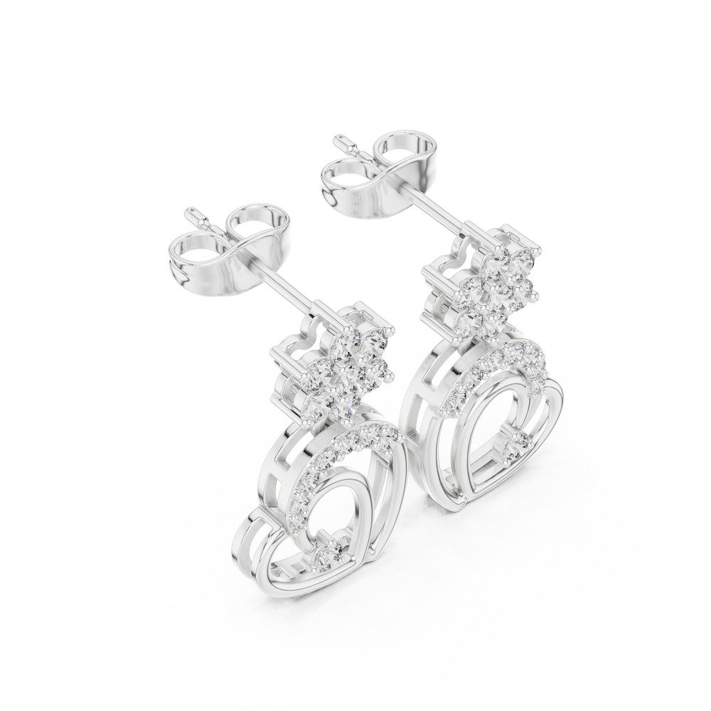 Floral cluster open heart drop earrings with round stone flower cluster top and open pave heart drop with solitaire accent