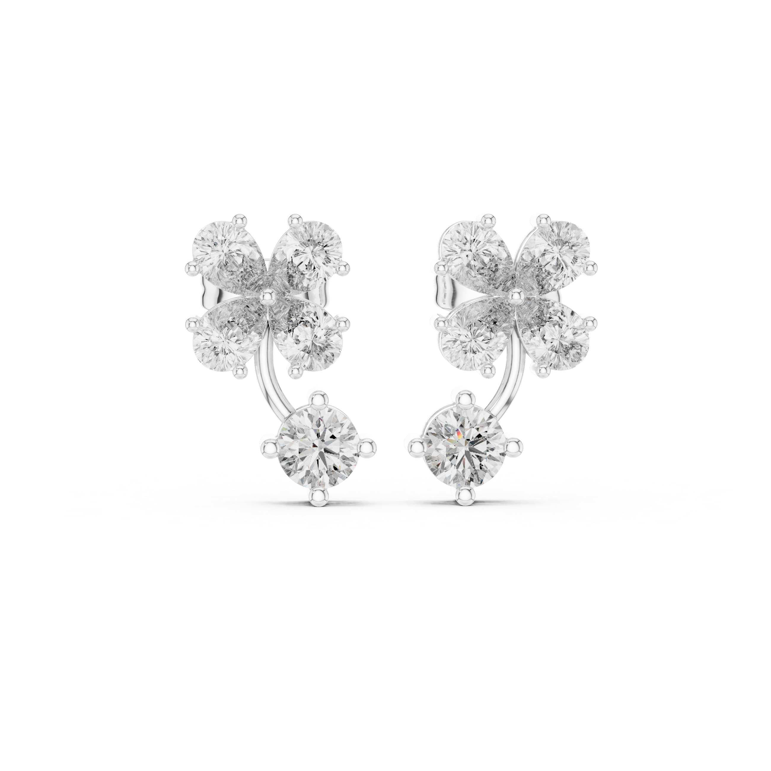 Floral cluster solitaire drop earrings with pear and round stone flower cluster top and large round solitaire drop on curved stem