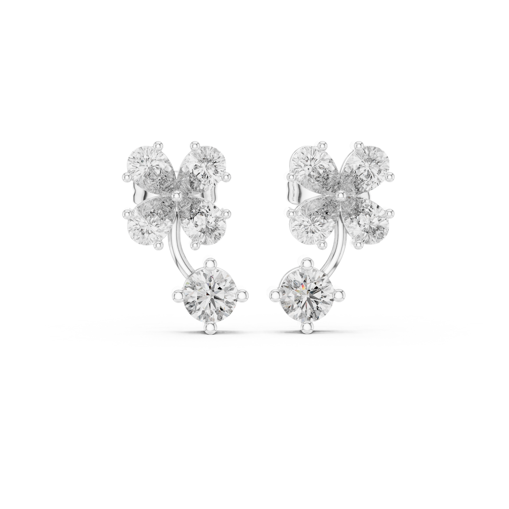 Floral cluster solitaire drop earrings with pear and round stone flower cluster top and large round solitaire drop on curved stem