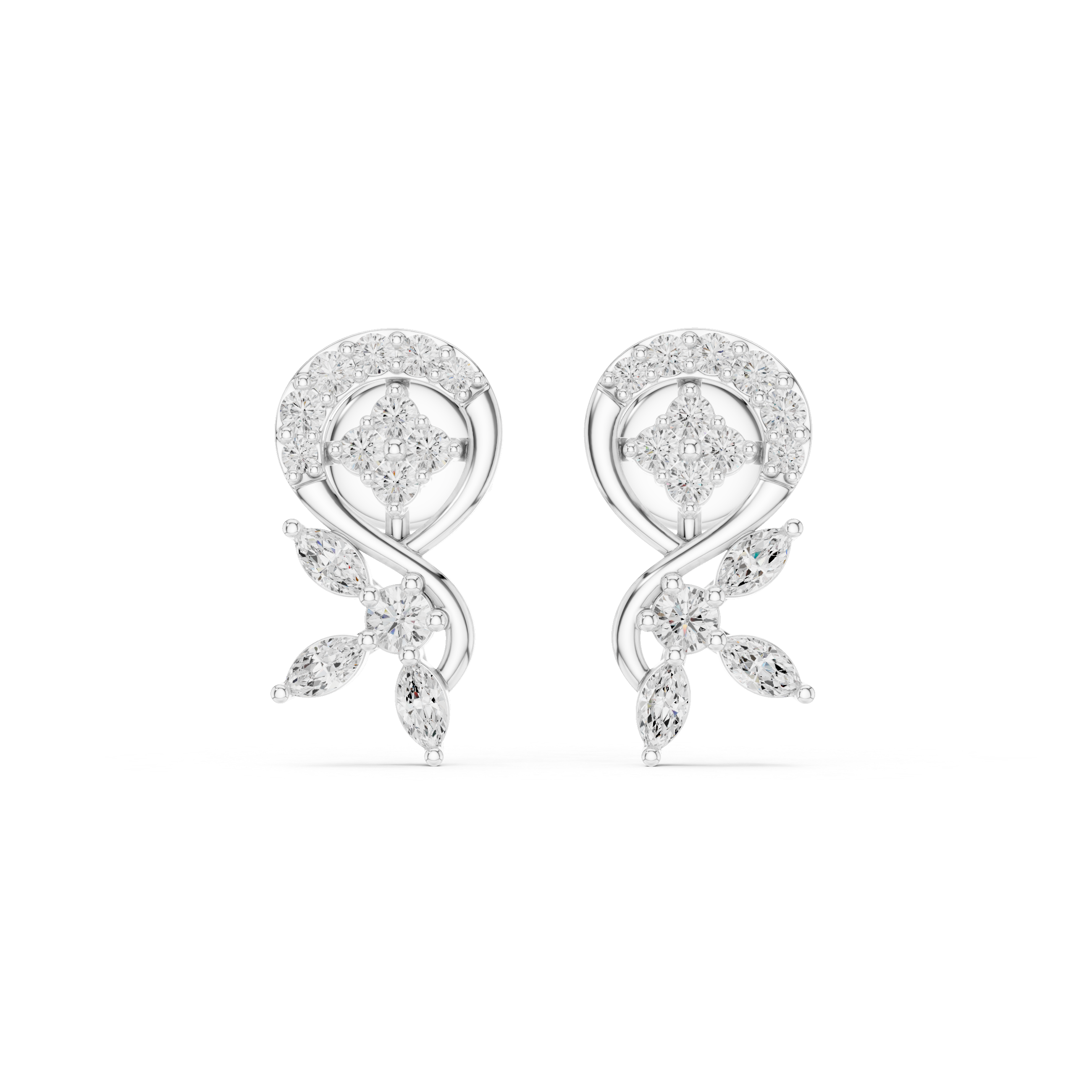 Stud earrings with a round brilliant cluster centre within a stone-set crescent top and a swirling stem with marquise stone leaf drops below