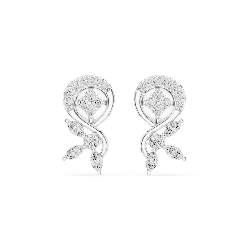 Stud earrings with a round brilliant cluster centre within a stone-set crescent top and a swirling stem with marquise stone leaf drops below