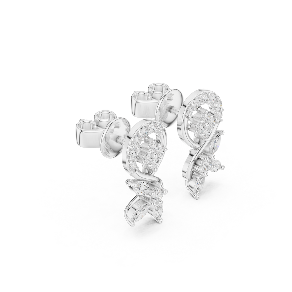 Stud earrings with a round brilliant cluster centre within a stone-set crescent top and a swirling stem with marquise stone leaf drops below