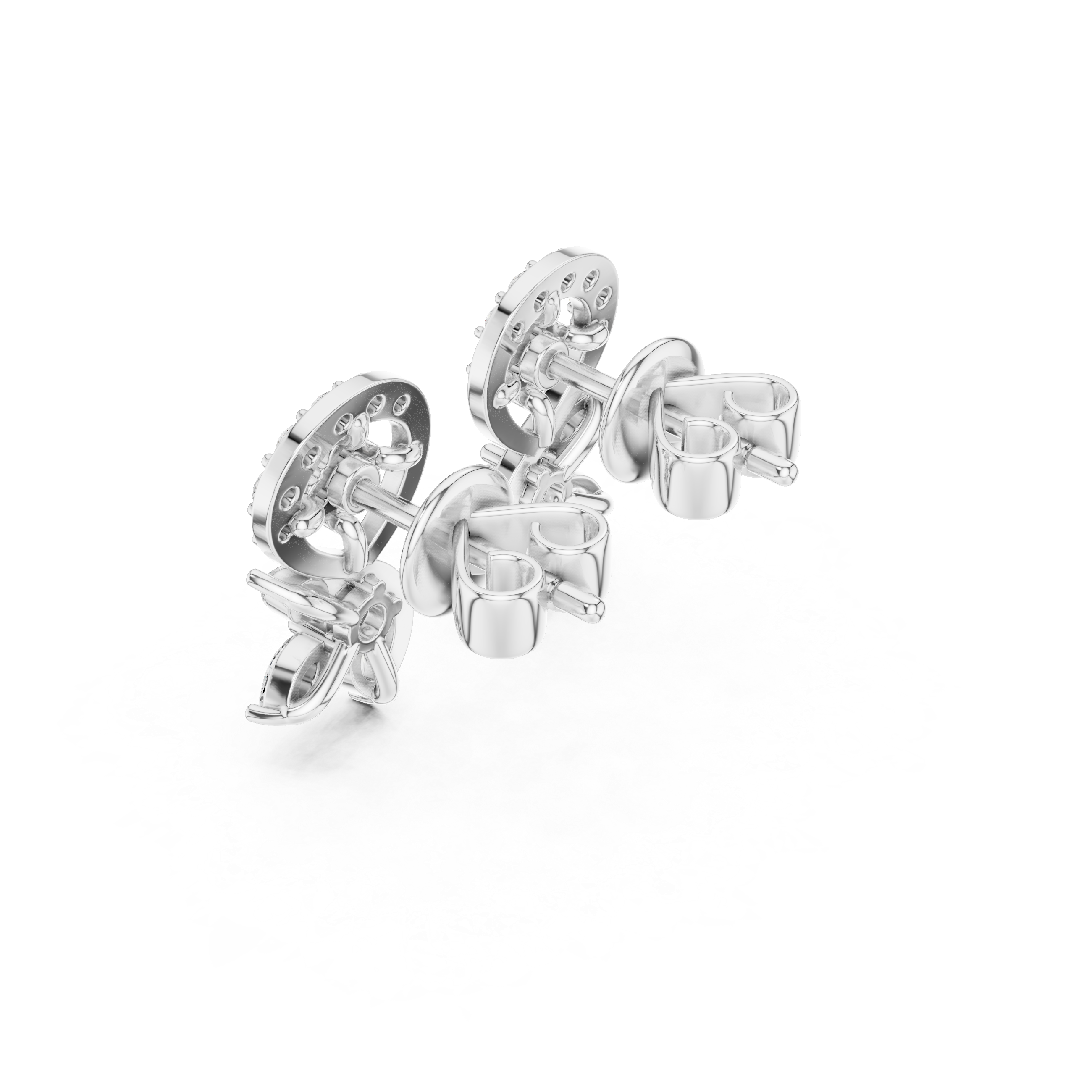 Stud earrings with a round brilliant cluster centre within a stone-set crescent top and a swirling stem with marquise stone leaf drops below