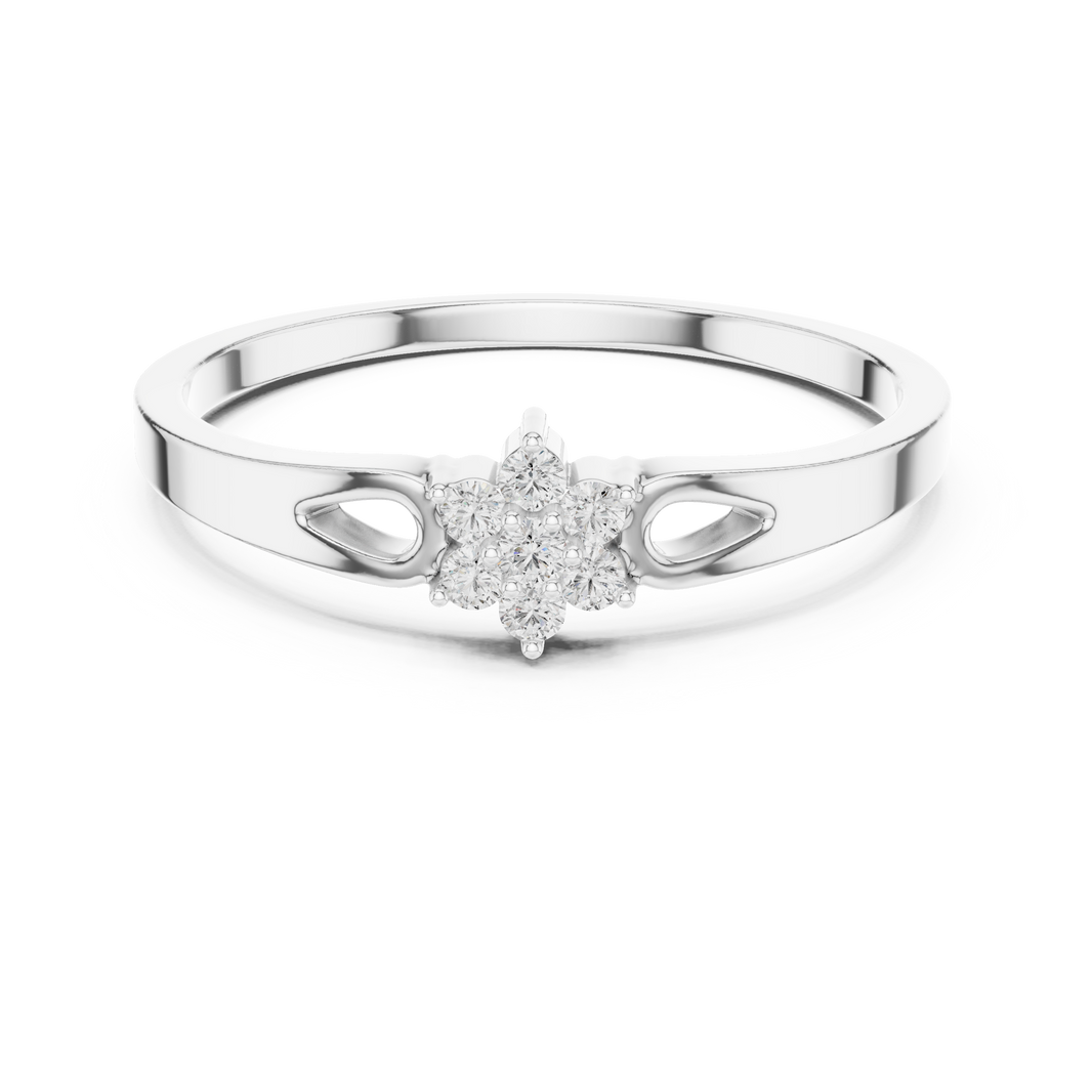 Floral cluster ring with teardrop cutout shoulders and polished flat band