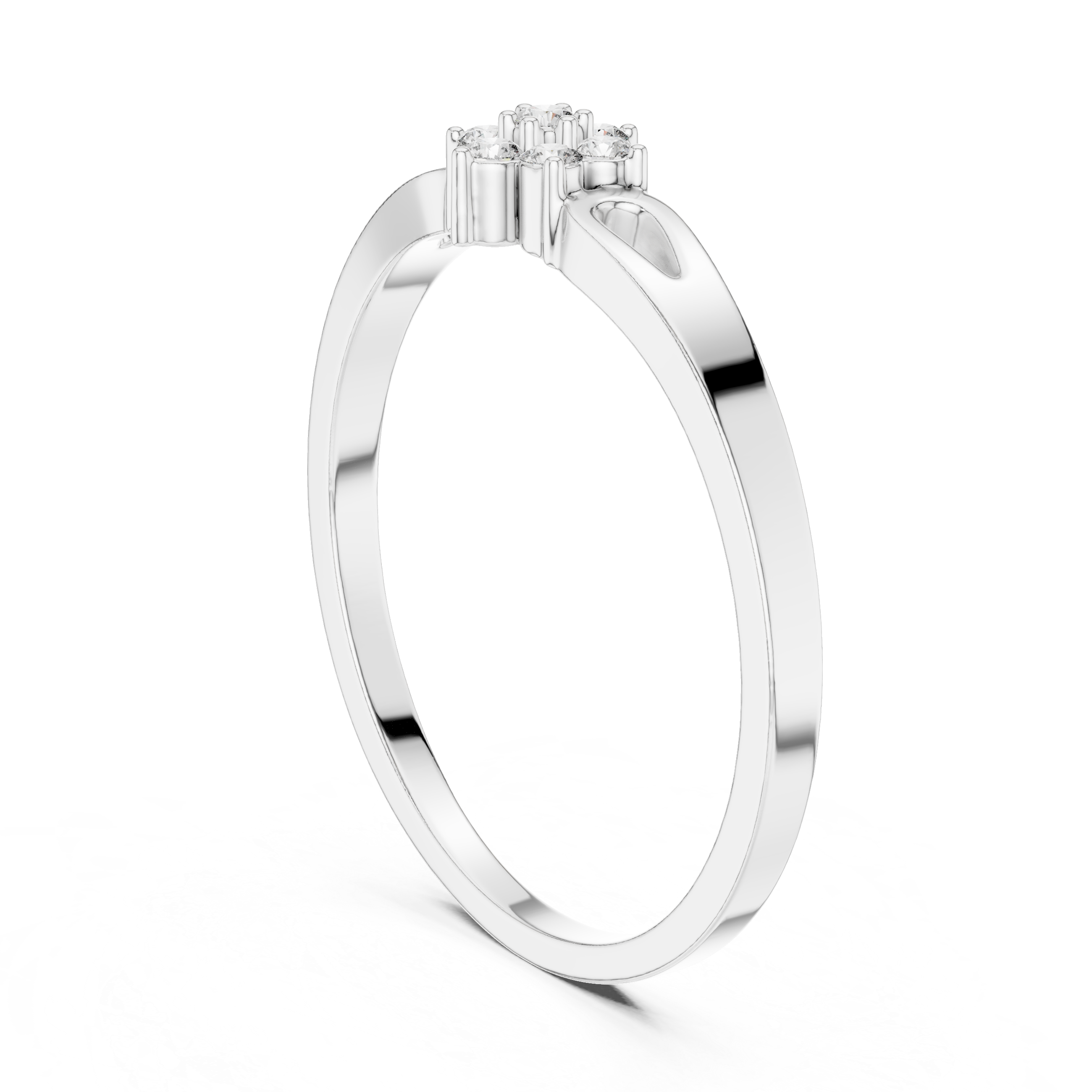 Floral cluster ring with teardrop cutout shoulders and polished flat band
