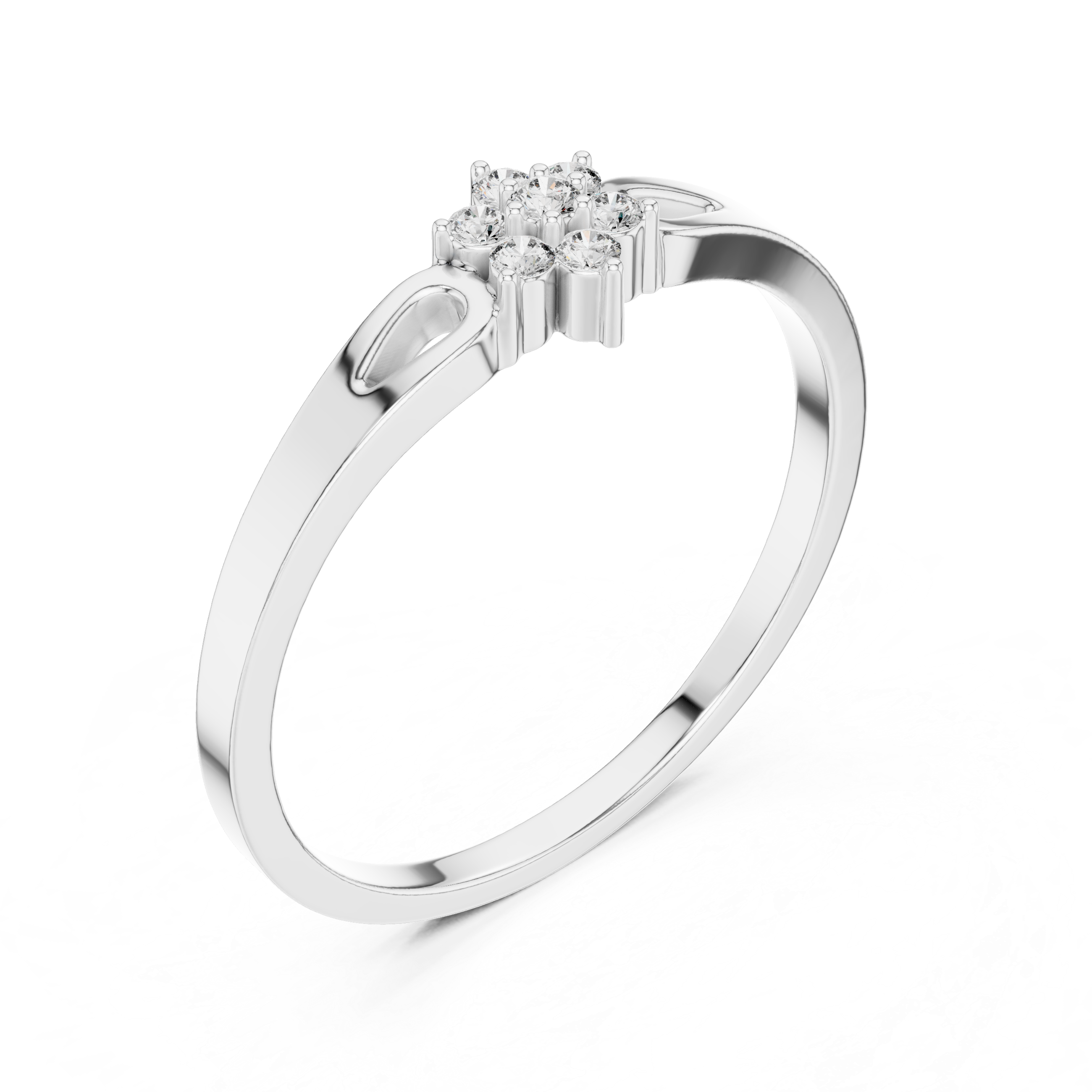 Floral cluster ring with teardrop cutout shoulders and polished flat band