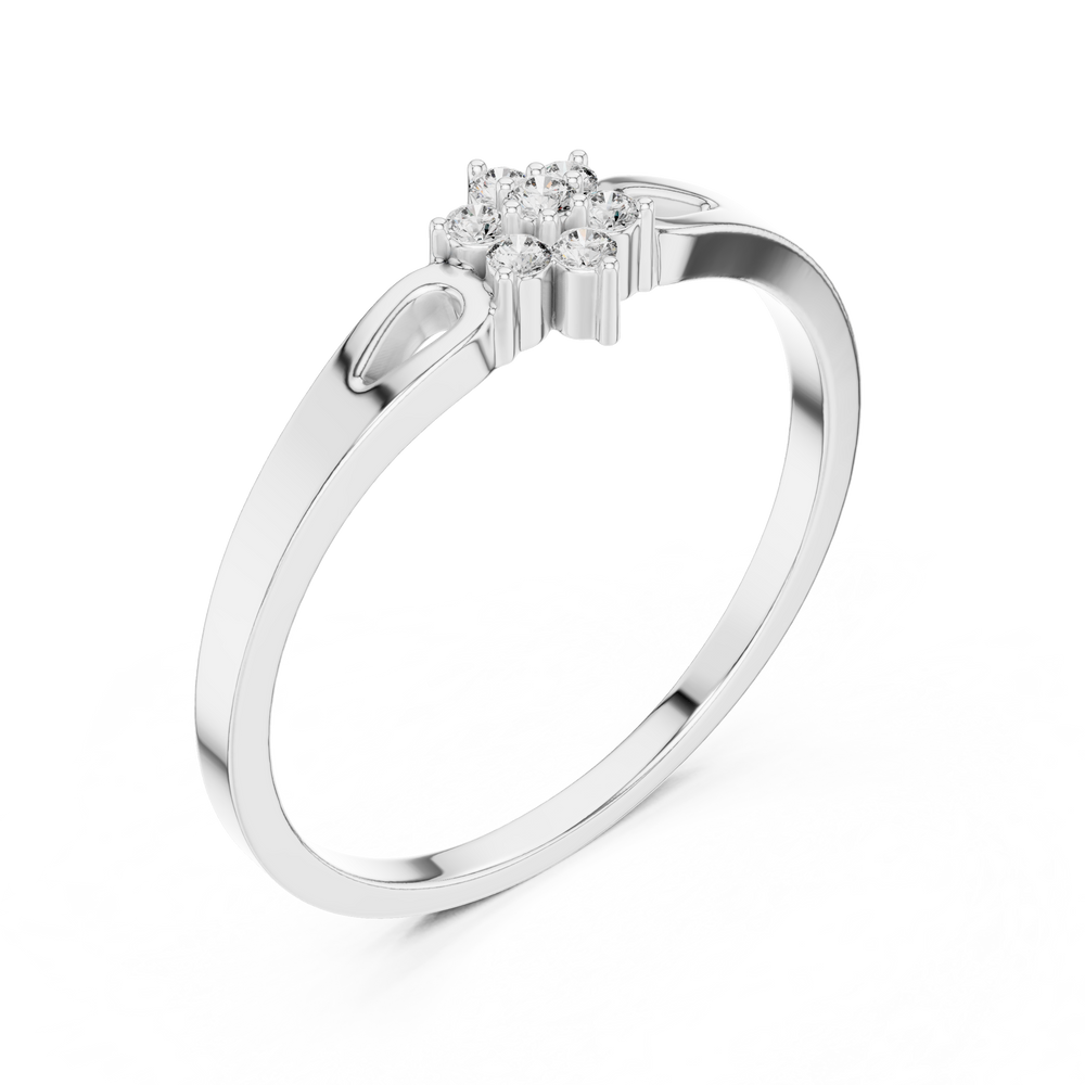 Floral cluster ring with teardrop cutout shoulders and polished flat band