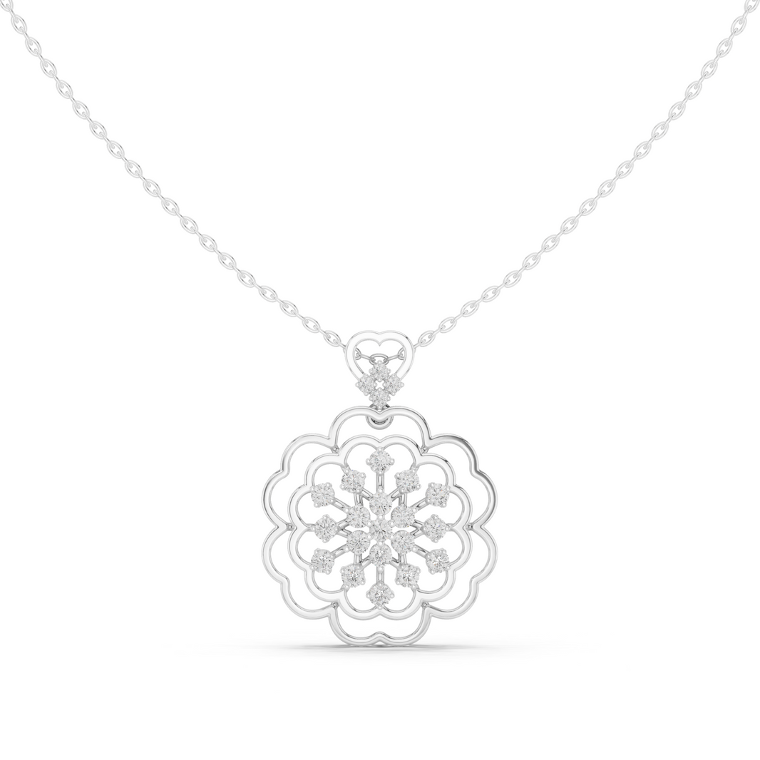 Floral filigree diamond pendant necklace with snowflake cluster centre and scallop border
