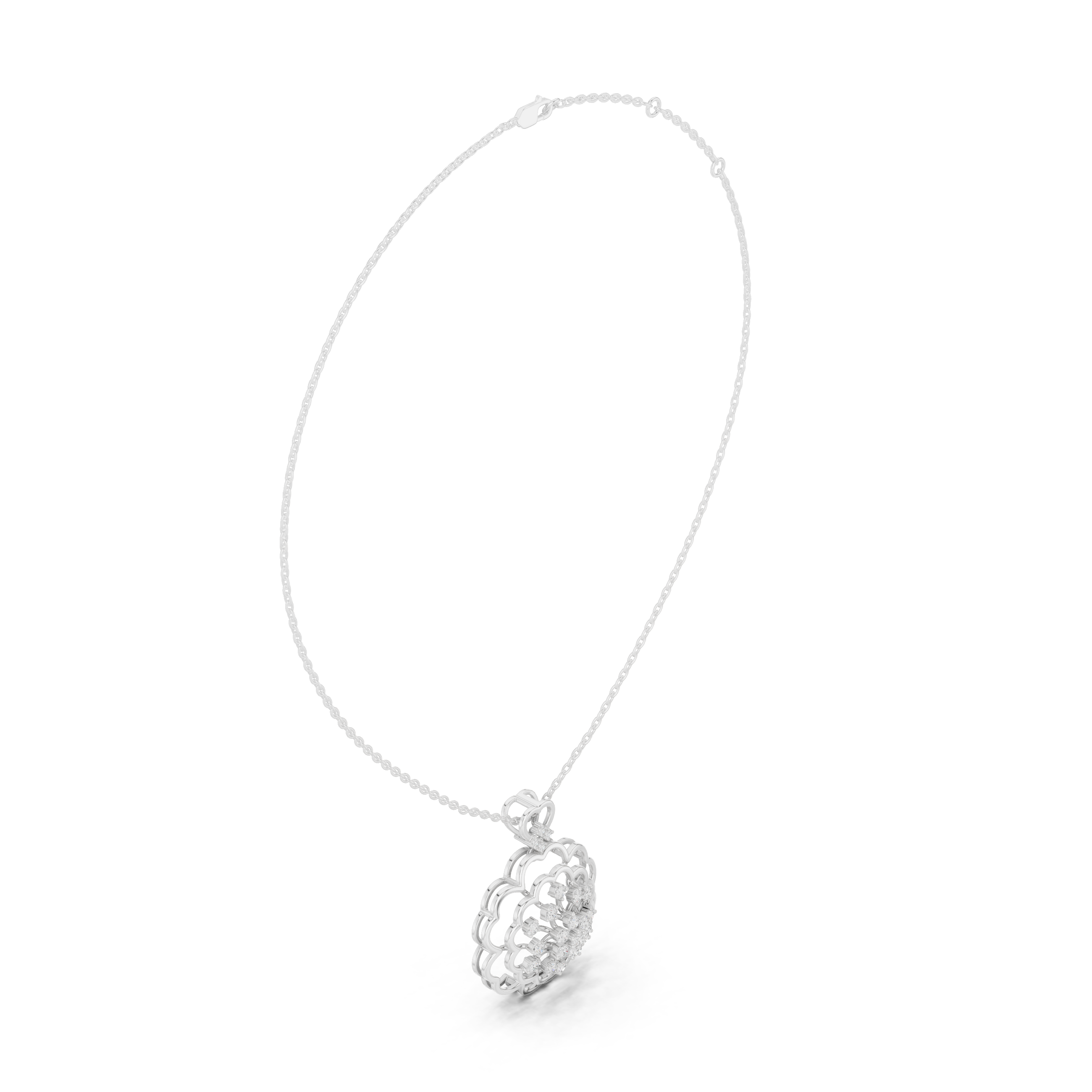 Floral filigree diamond pendant necklace with snowflake cluster centre and scallop border