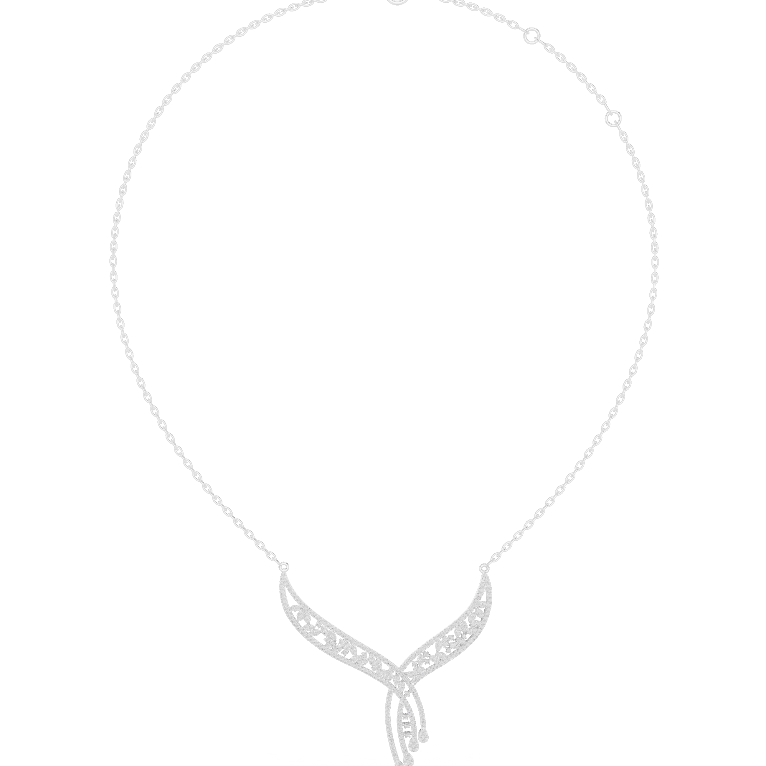 Floral filigree V shape diamond necklace with open leaf design and drop accent