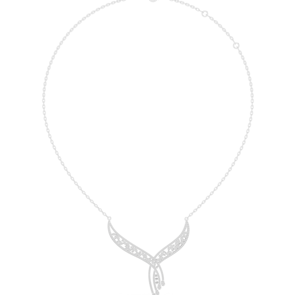 Floral filigree V shape diamond necklace with open leaf design and drop accent