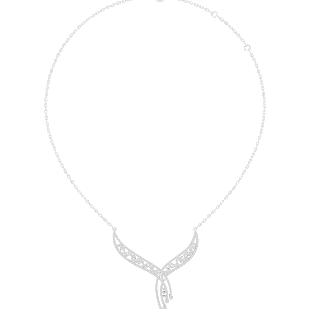 Floral filigree V shape diamond necklace with open leaf design and drop accent